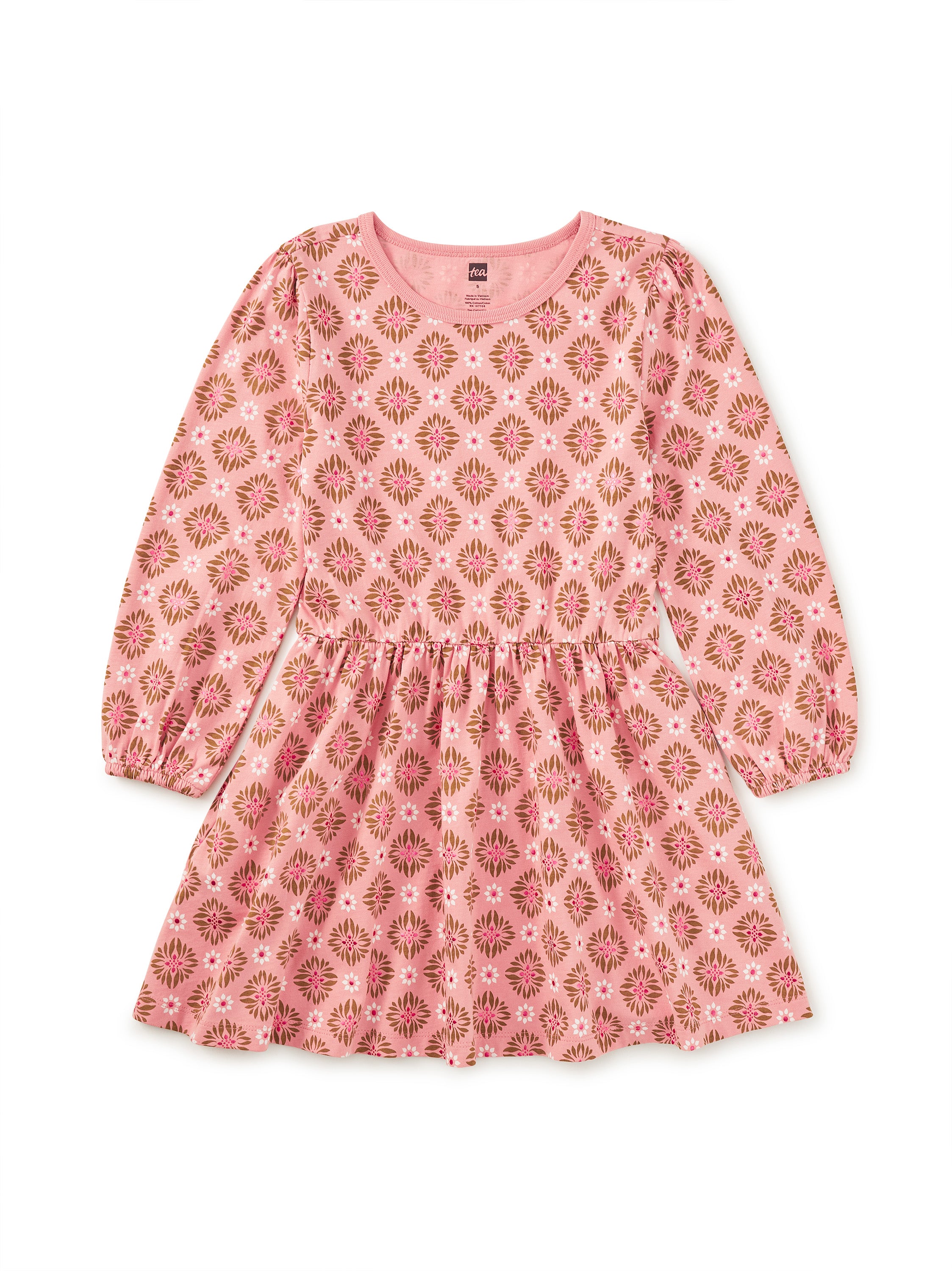 Pink Metallic Print LS Curved Waist Dress