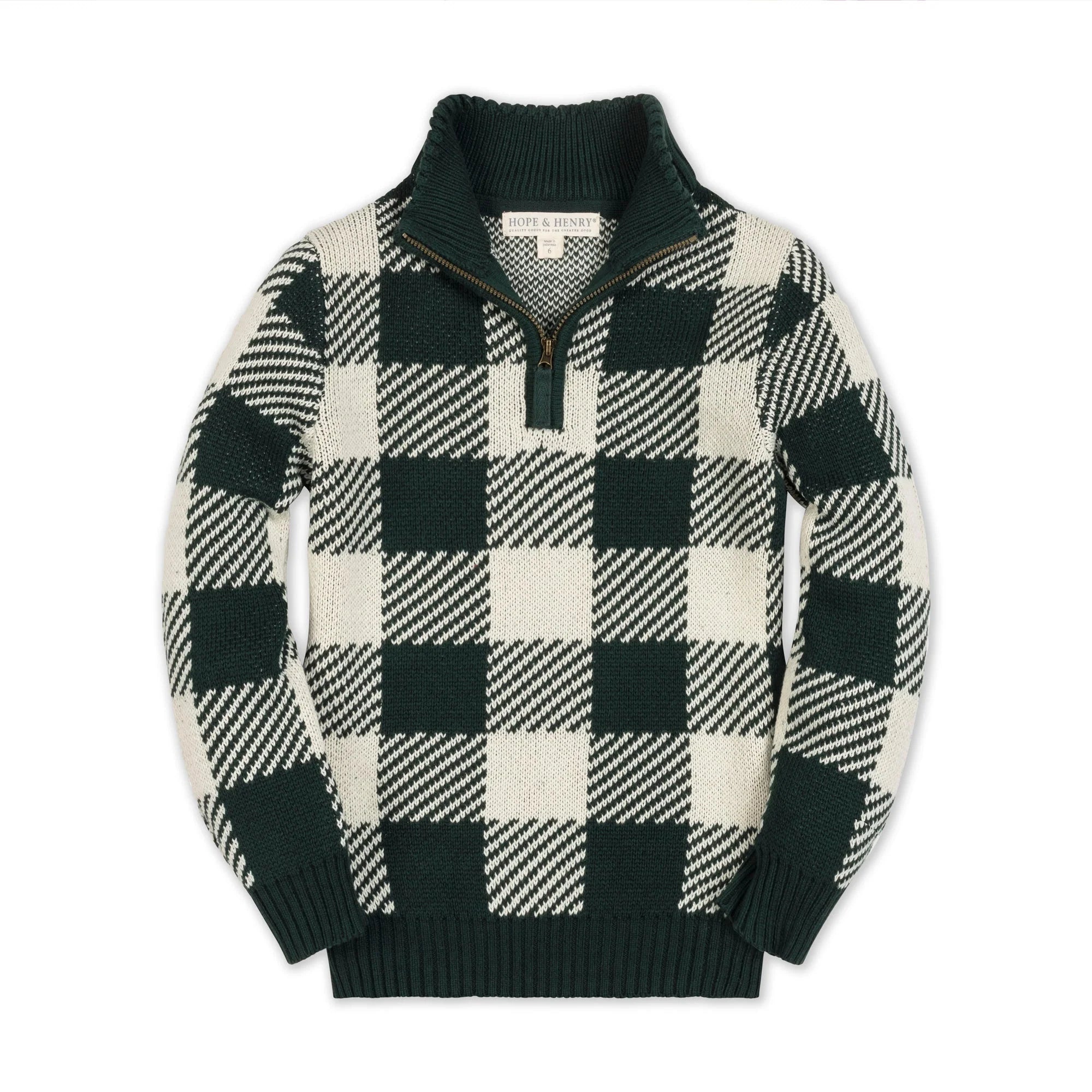 Deep Green Check Half Zip Intarsia Sweater