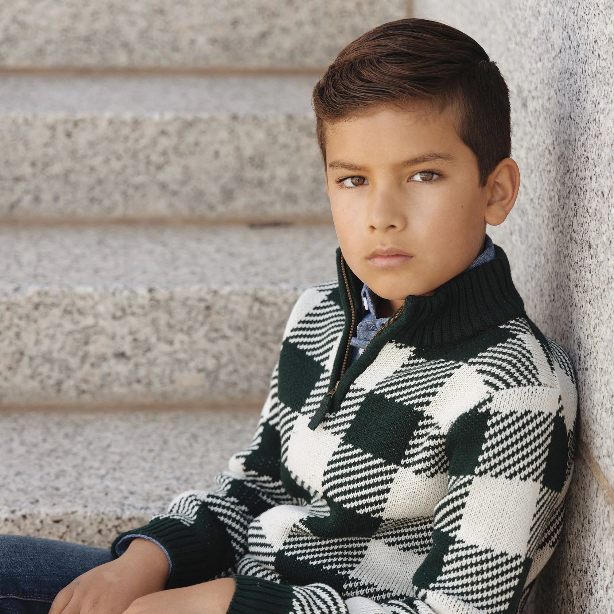 Deep Green Check Half Zip Intarsia Sweater