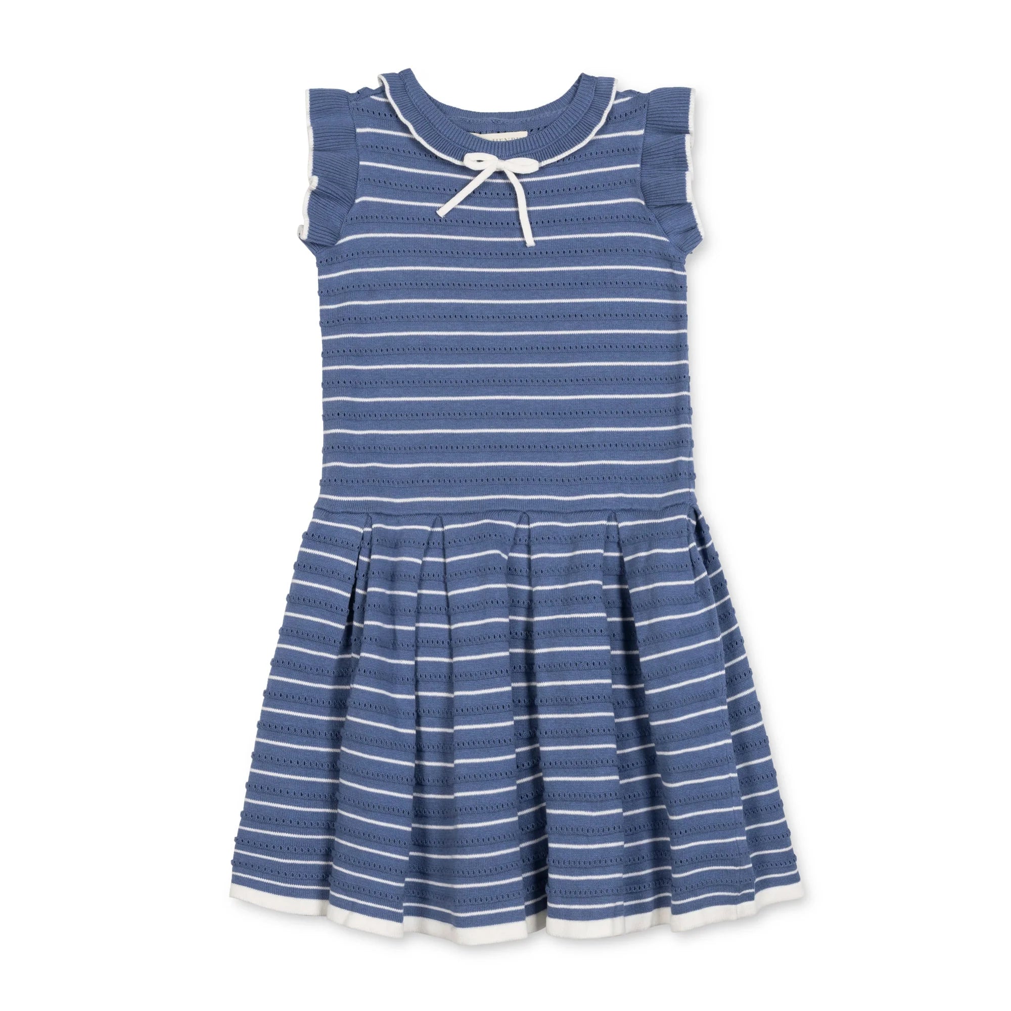 Blue Stripe Flutter Sleeve Pleated Sweater Dress