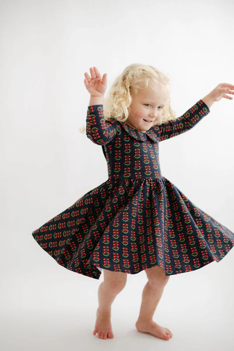 Navy Floral Collared Twirl Dress