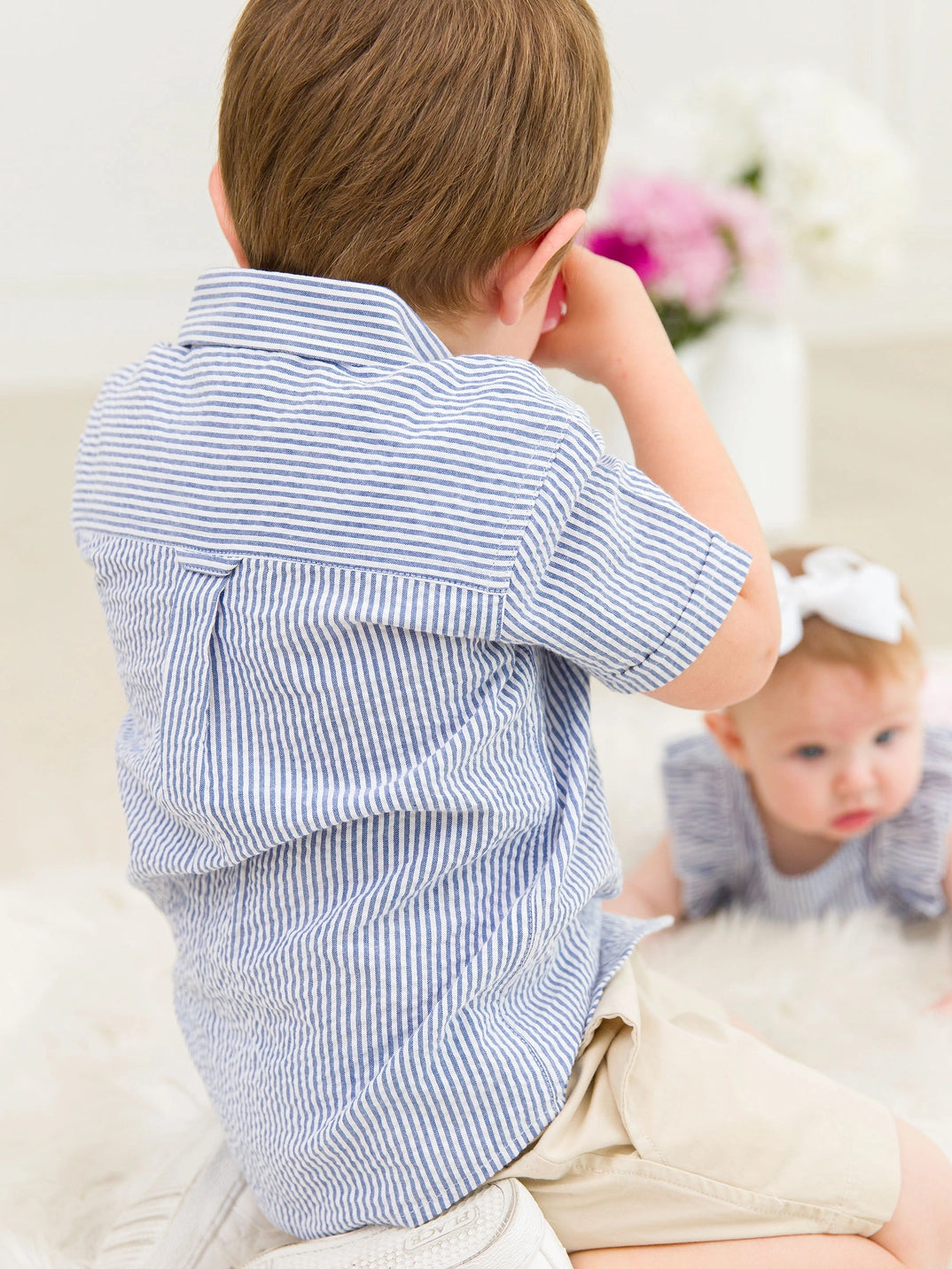 Boys Blue Seersucker Short Sleeve Button Down Shirt
