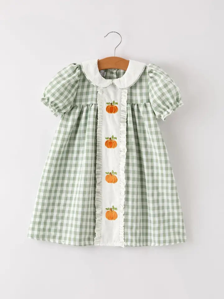 Pumpkin Applique Green Plaid Dress