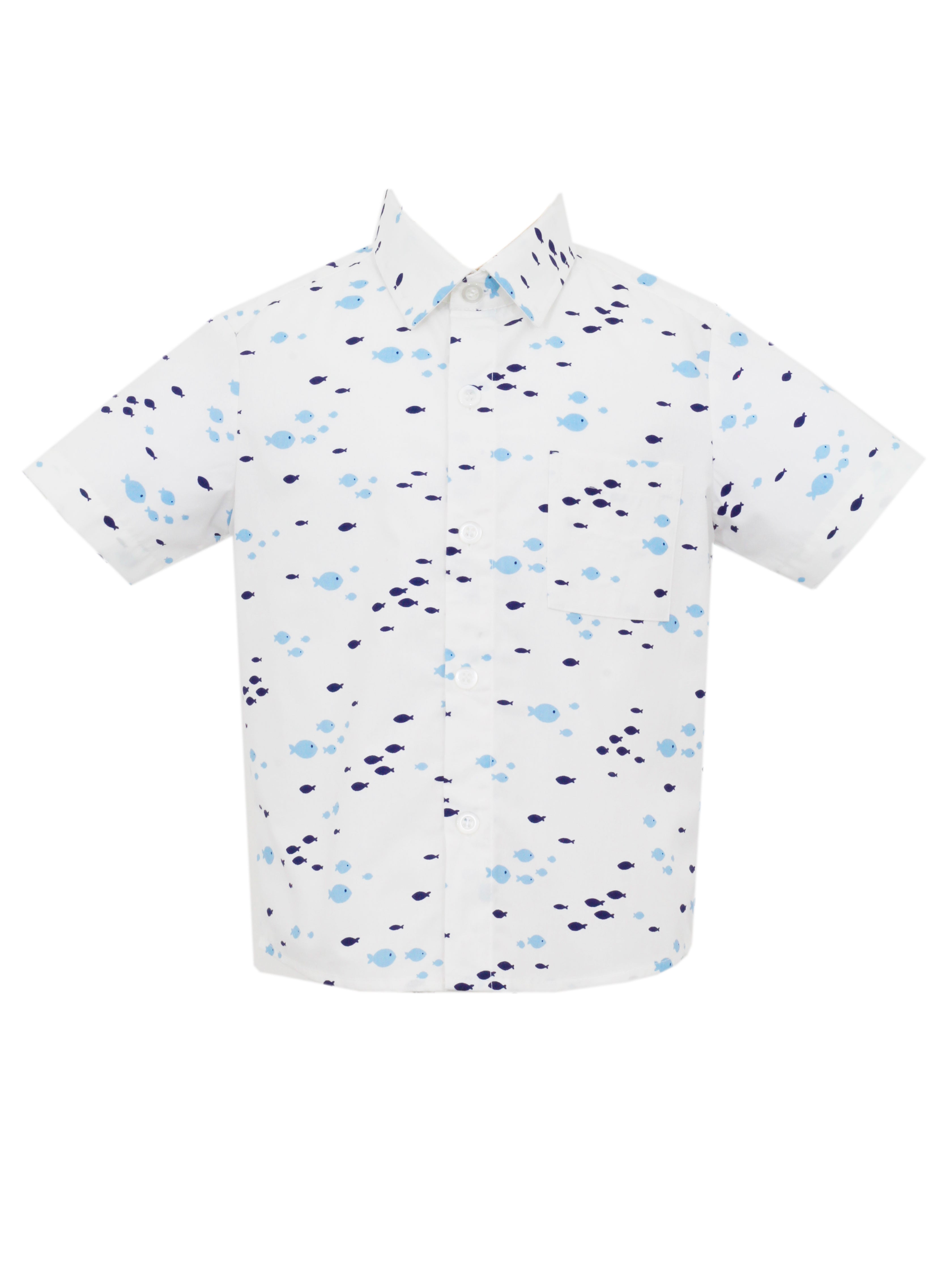 White Fish Print SS Button Down Shirt