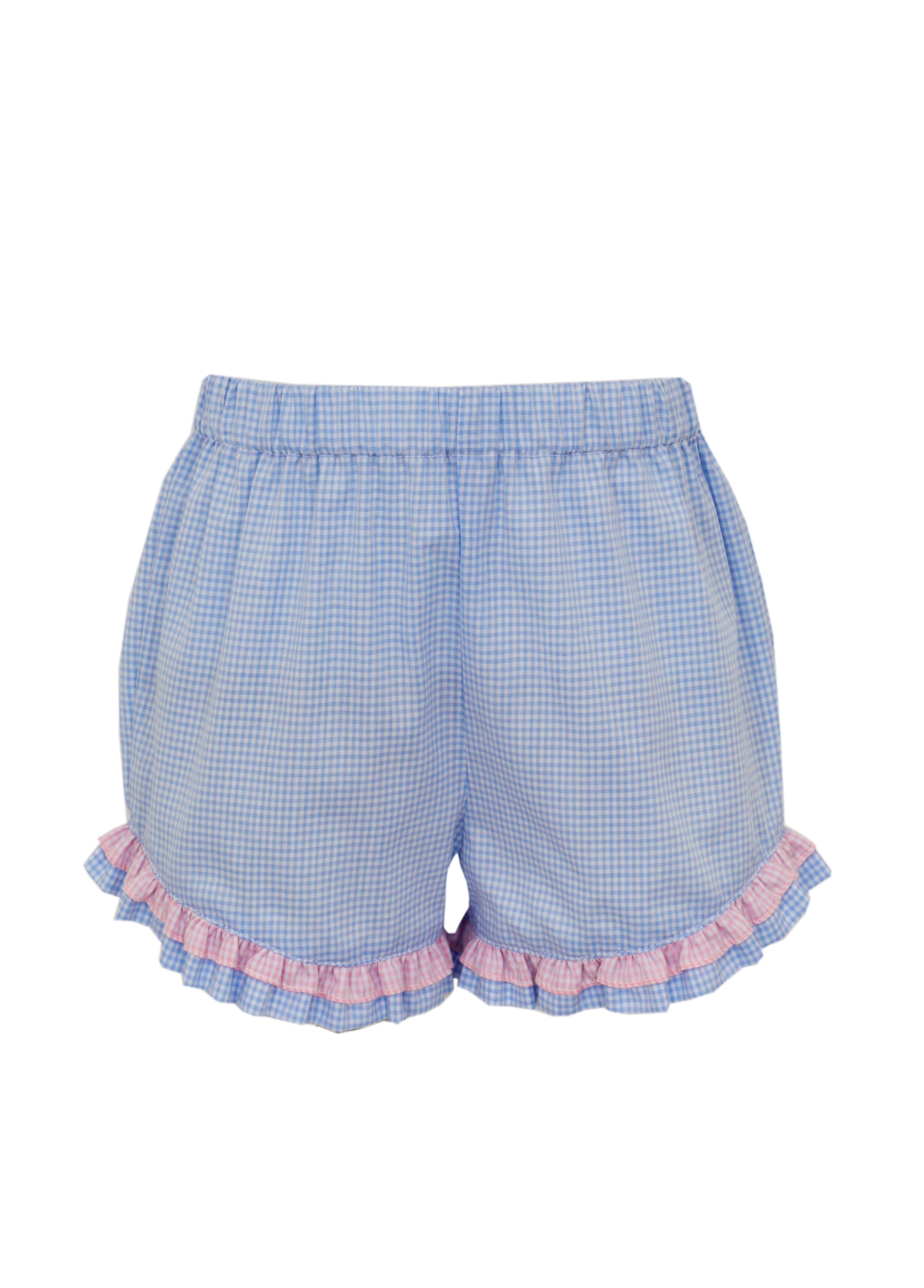 Light Blue Gingham Pink Ruffle Frill Shorts