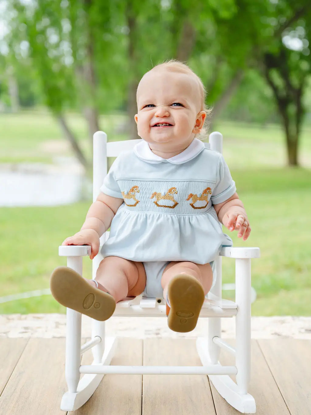 Blue Rocking Horses Smocked Pima Cotton Bubble