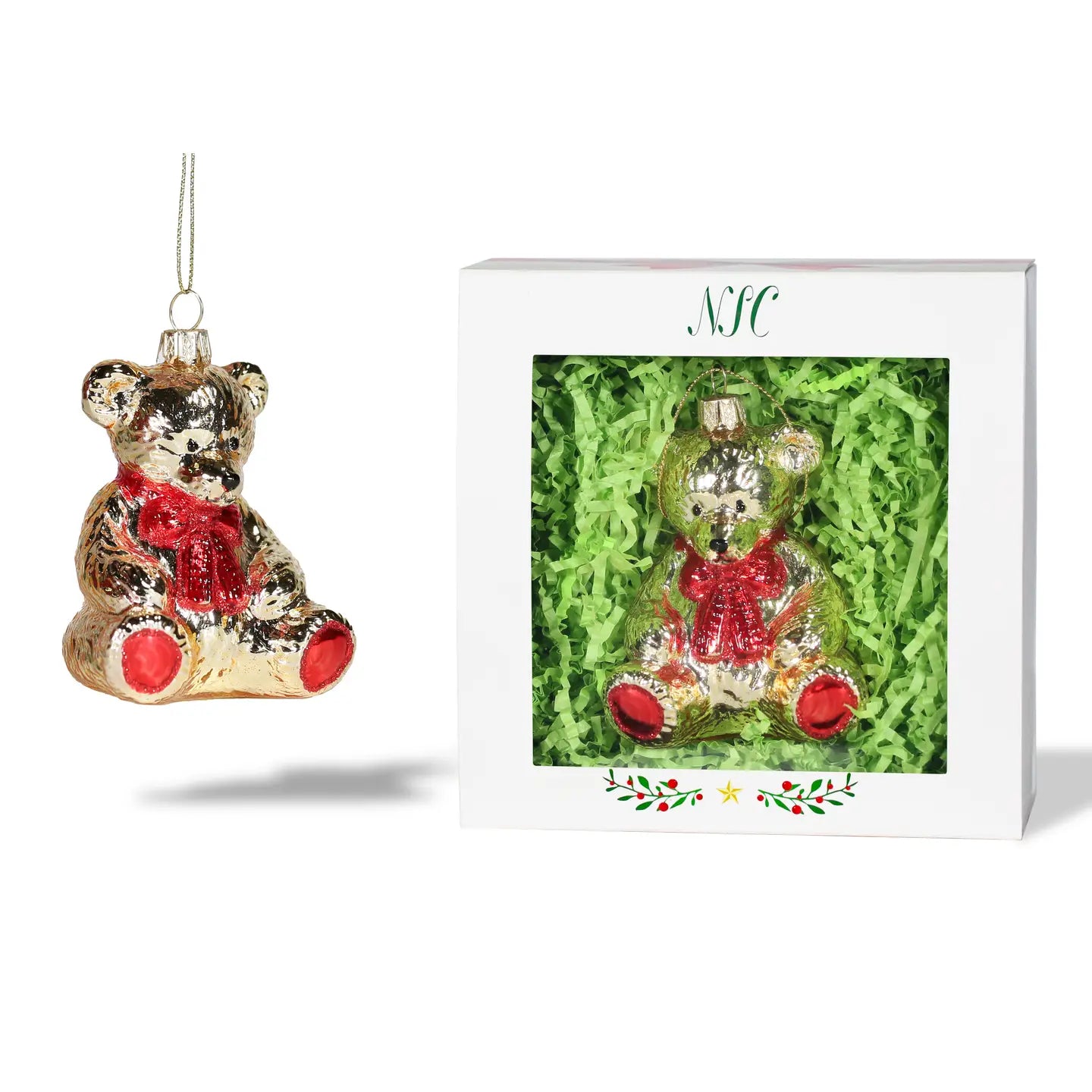 Golden Teddy Bear Glass Ornament