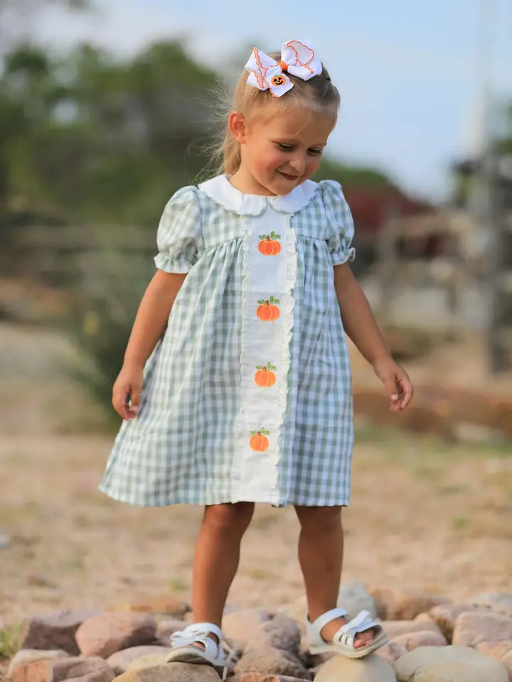 Pumpkin Applique Green Plaid Dress
