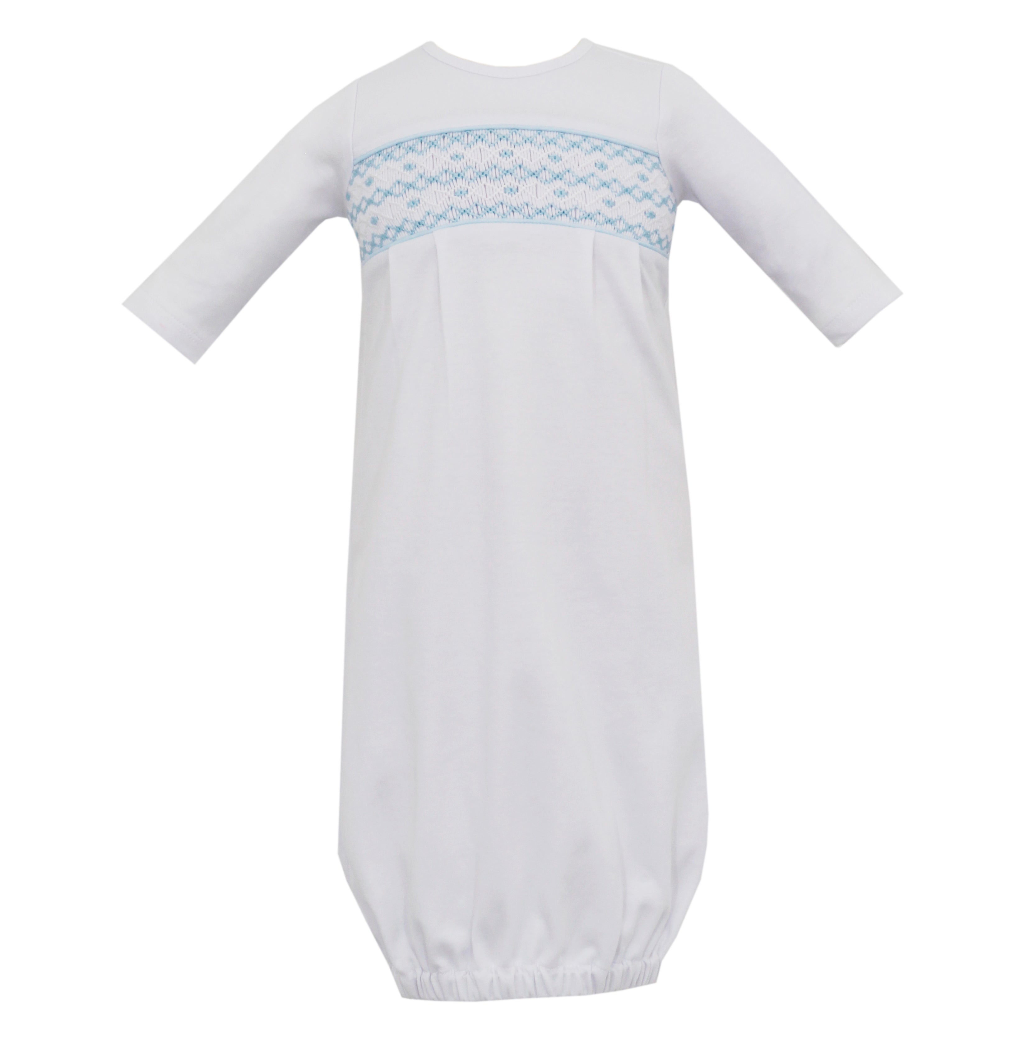 White Smocked w Blue Geo Albert Gown 0-3m