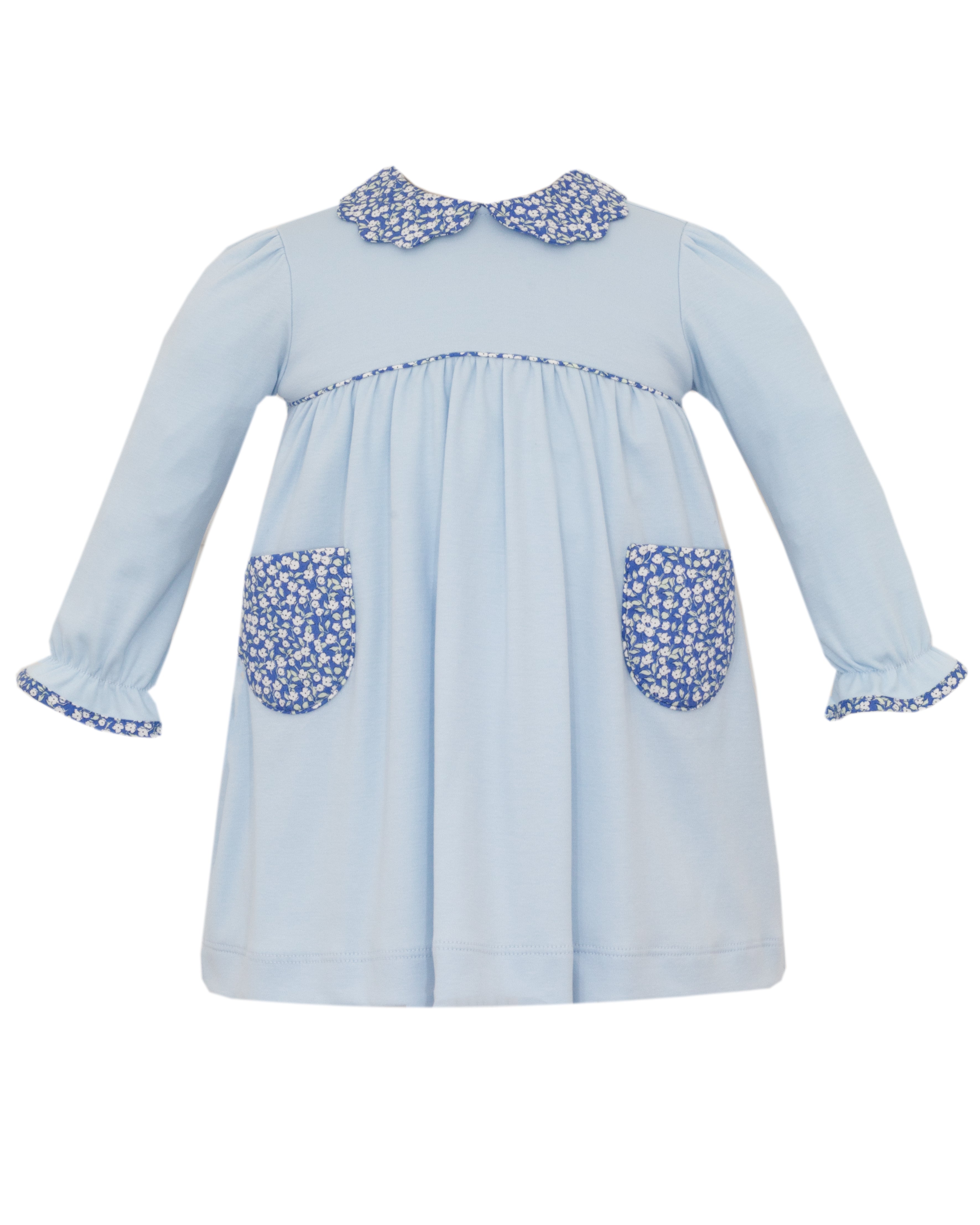 Light Blue w Navy Floral Pocket LS Dress