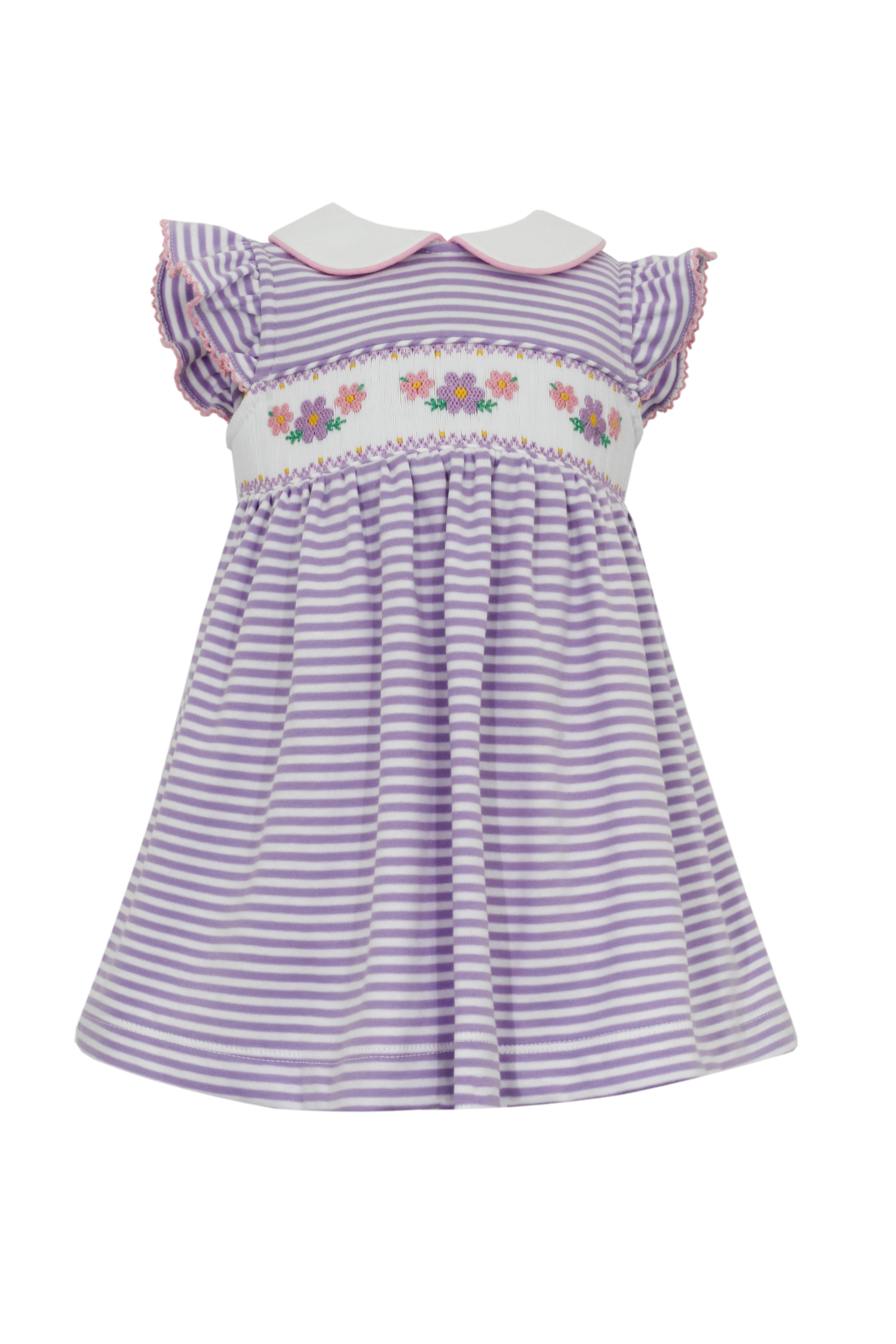 Lilac Stripe Smocked Daisies Collar Dress