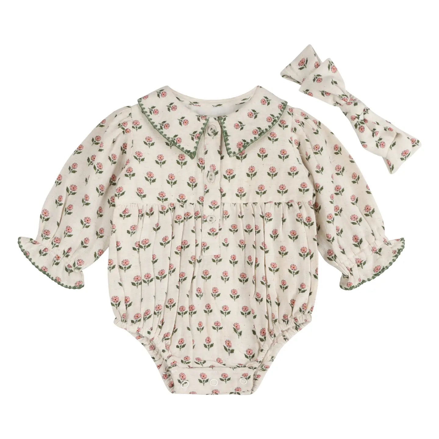 Rosamund Block Print Floral Baby Romper & Headband Set