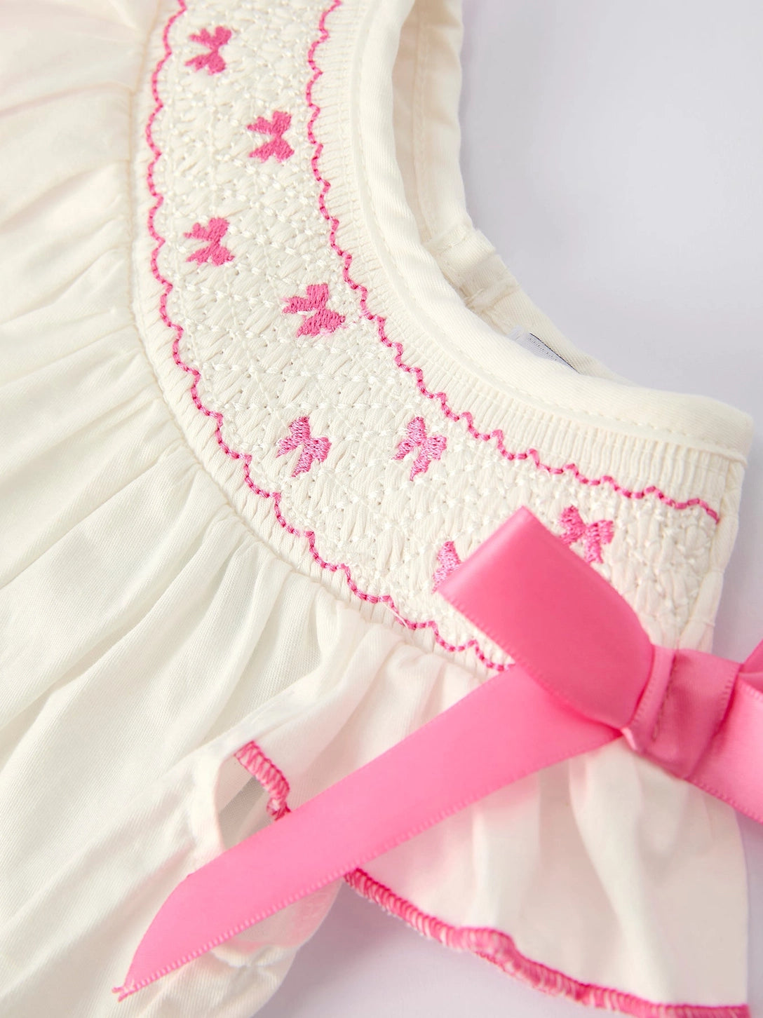 Fall White Baby Girls Romper with Pink Bow Embroidery