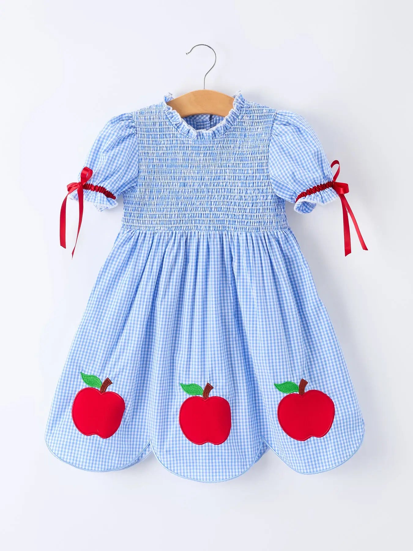 Apple Applique Plaid Smocked Dress