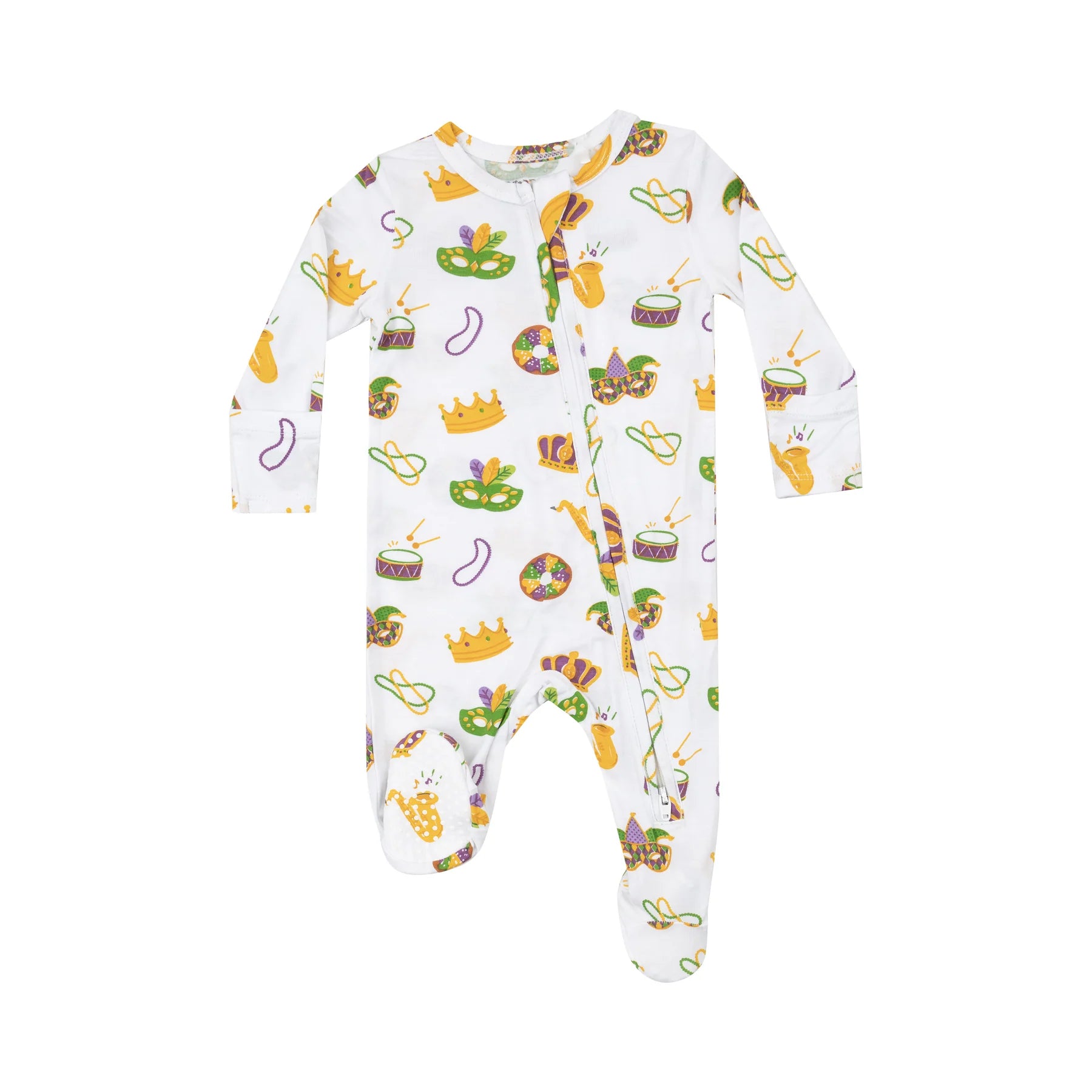 White Mardi Gras Print Zip Footie