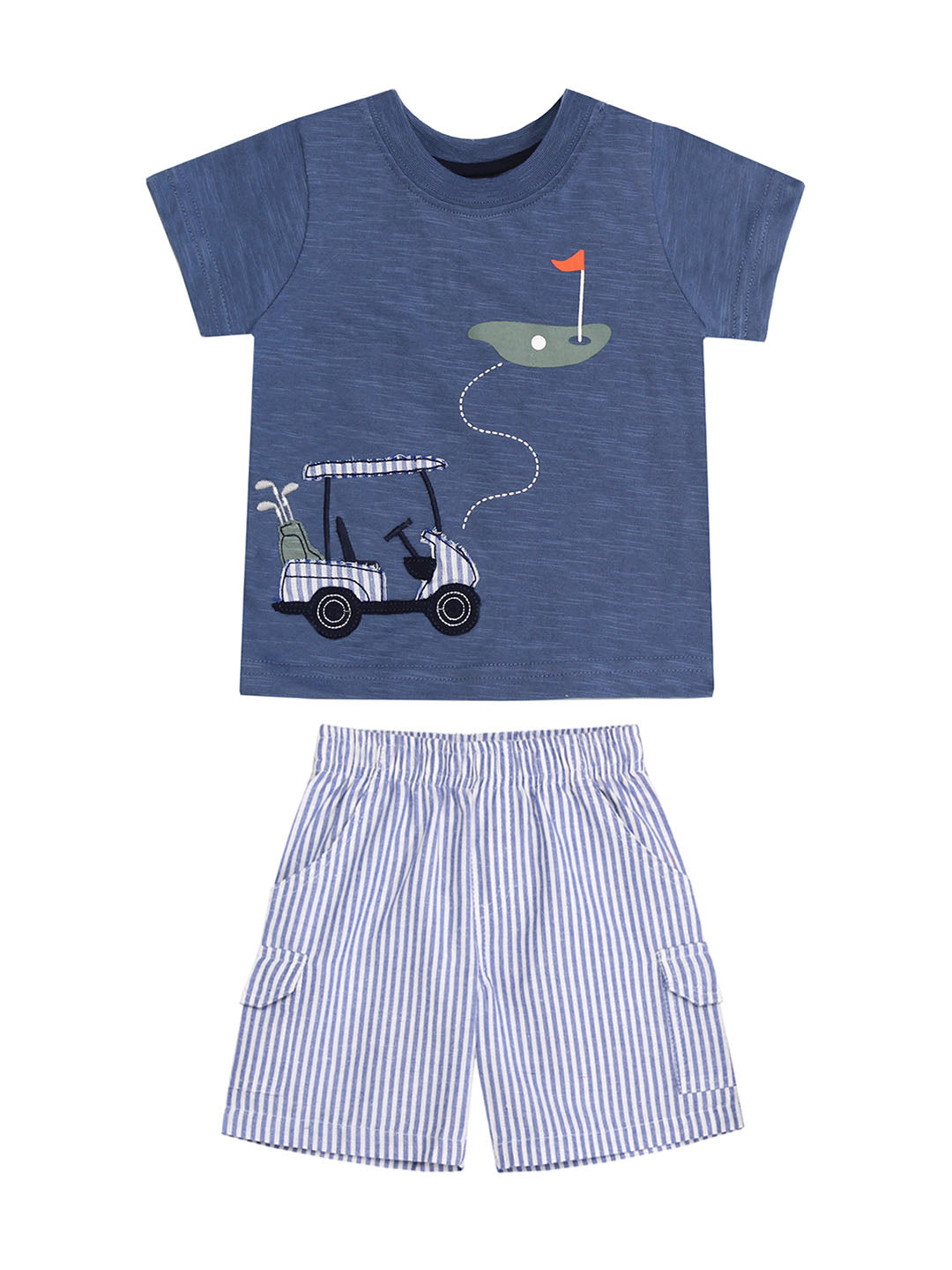 Blue Golf Cart Applique Tee & Striped Shorts