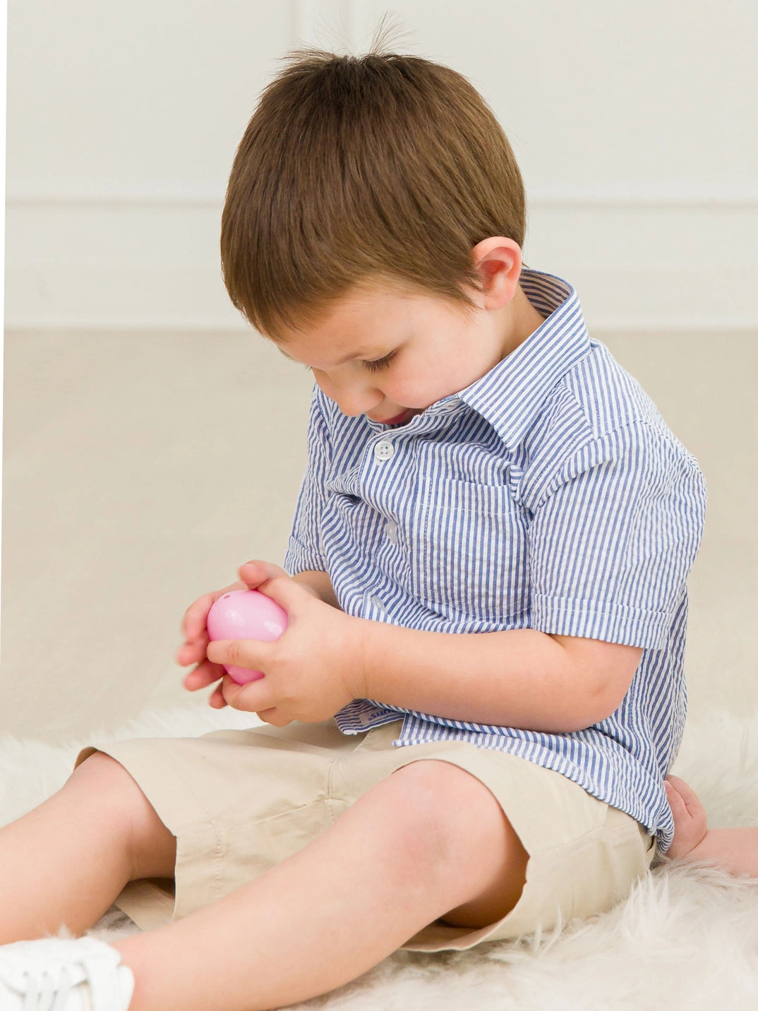 Boys Blue Seersucker Short Sleeve Button Down Shirt