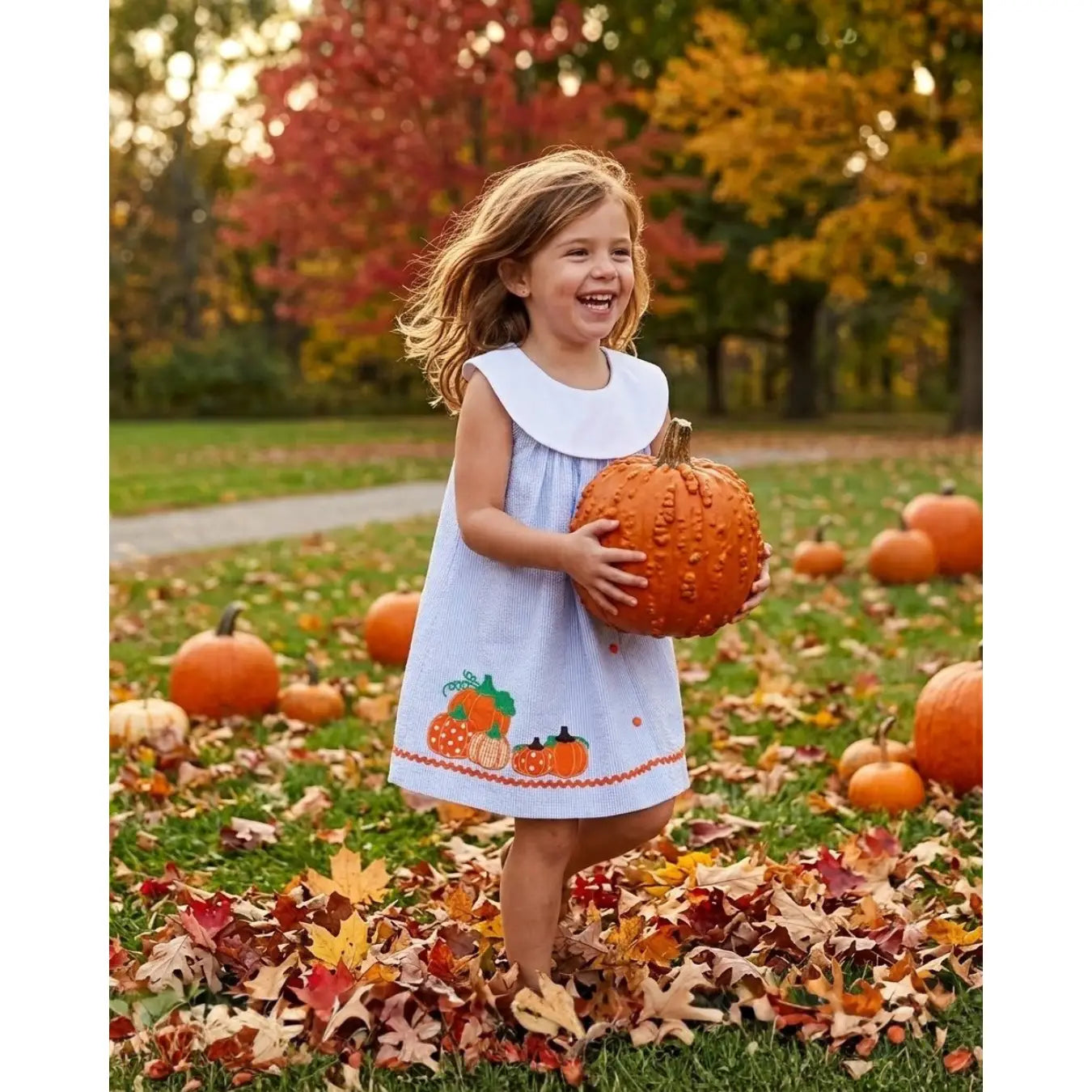 Light Blue Seersucker Pumpkin Baby Yoke Dress
