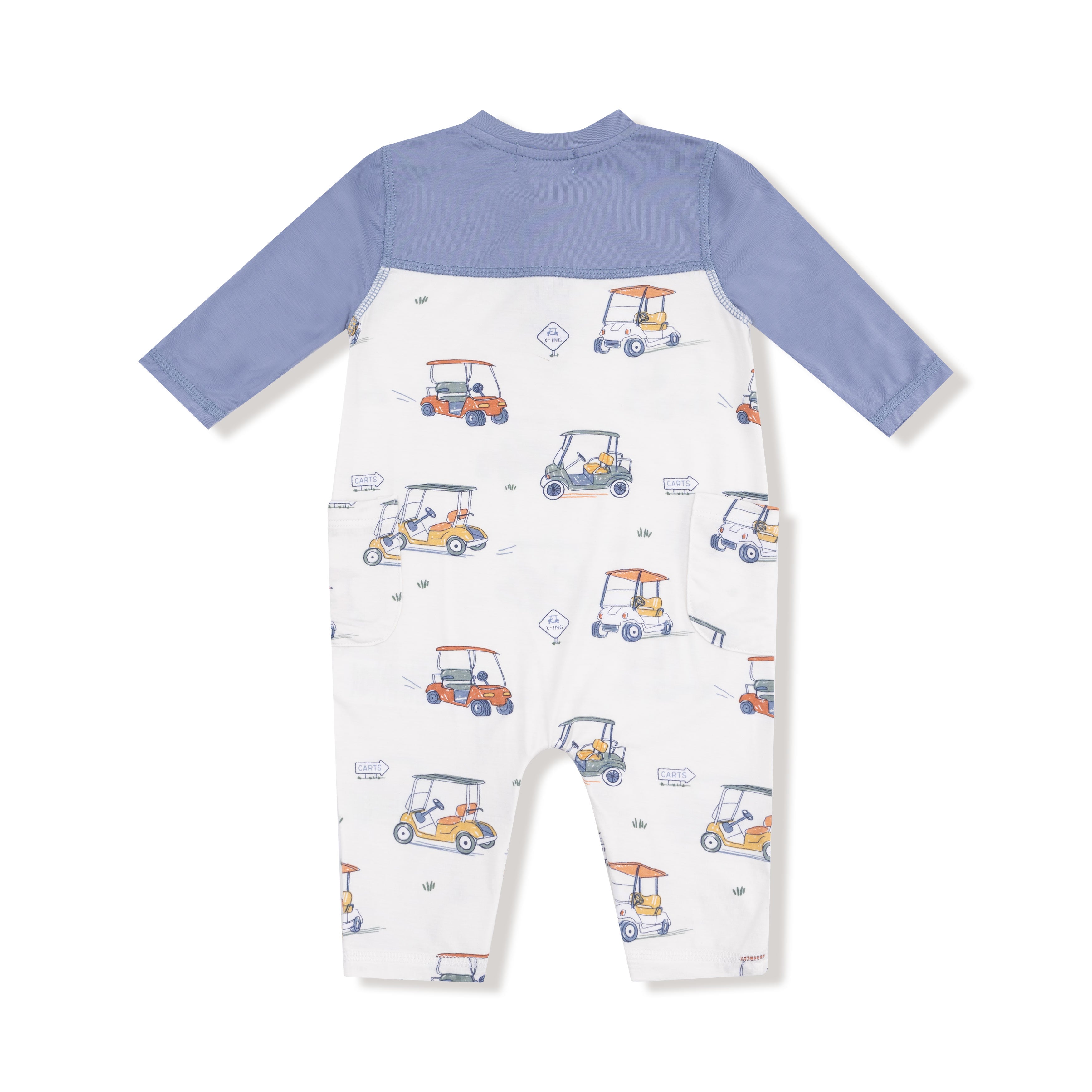 Oatmeal Zooming Golf Carts Blue Sleeve Romper