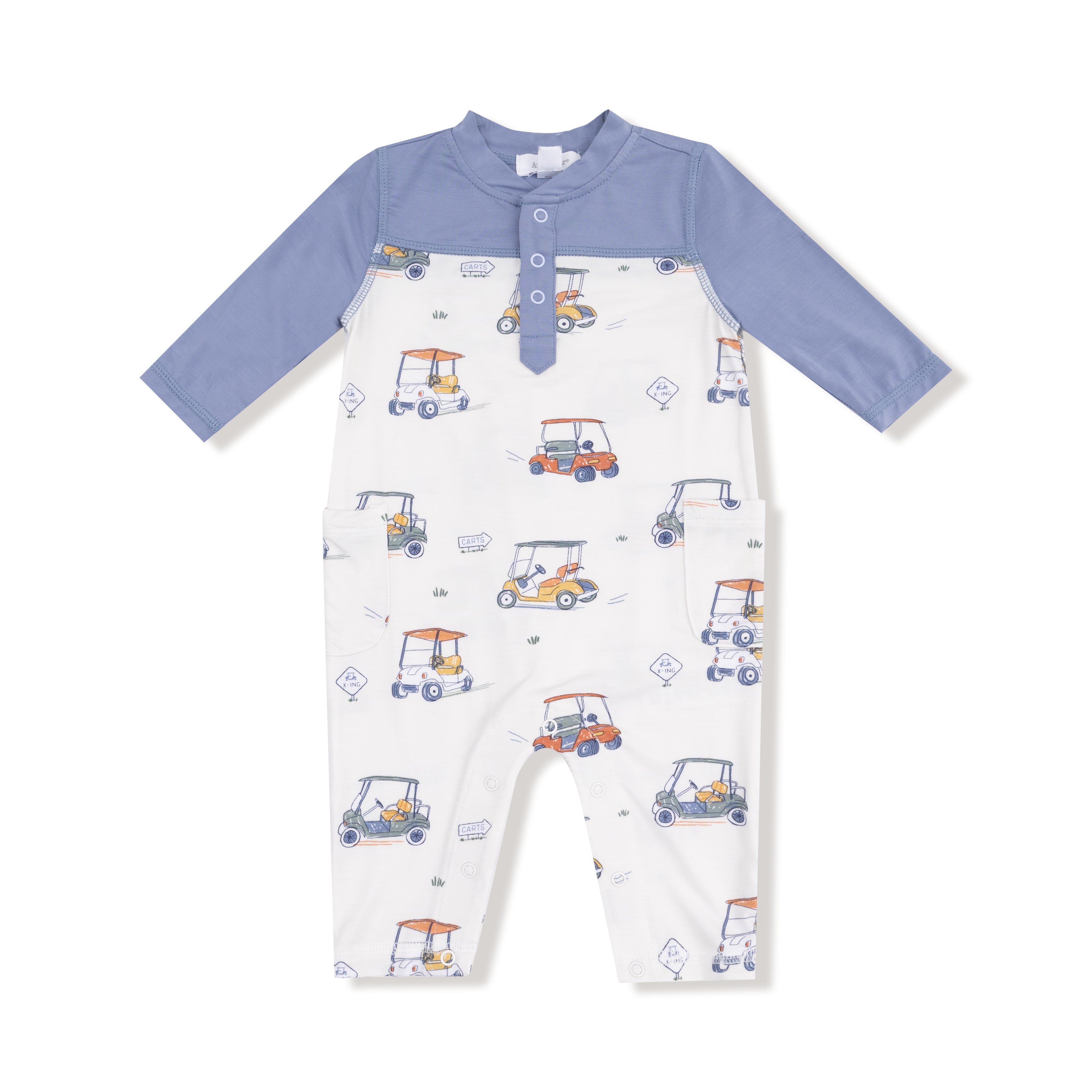 Oatmeal Zooming Golf Carts Blue Sleeve Romper