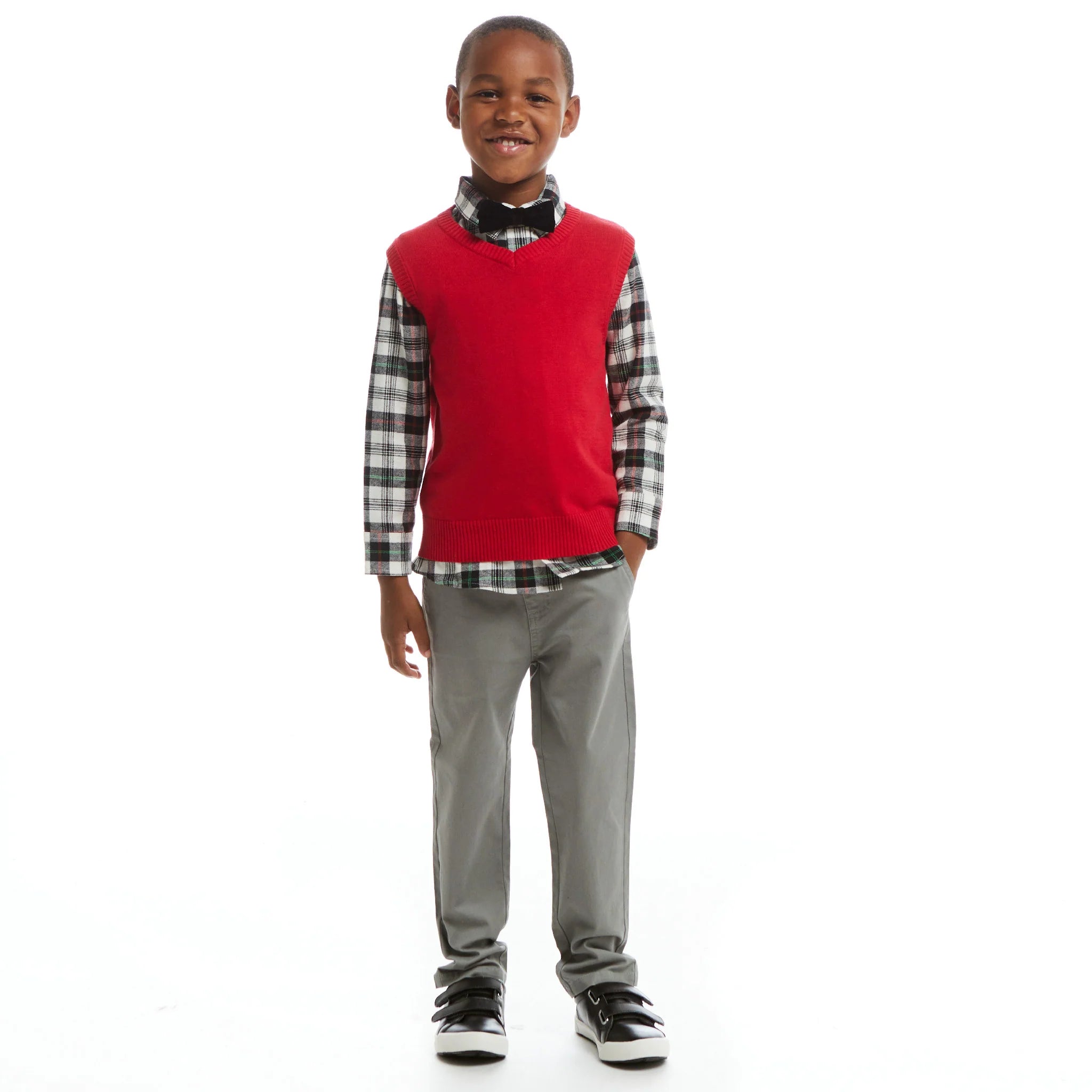 White Plaid Red Sweater Vest Bowtie Set