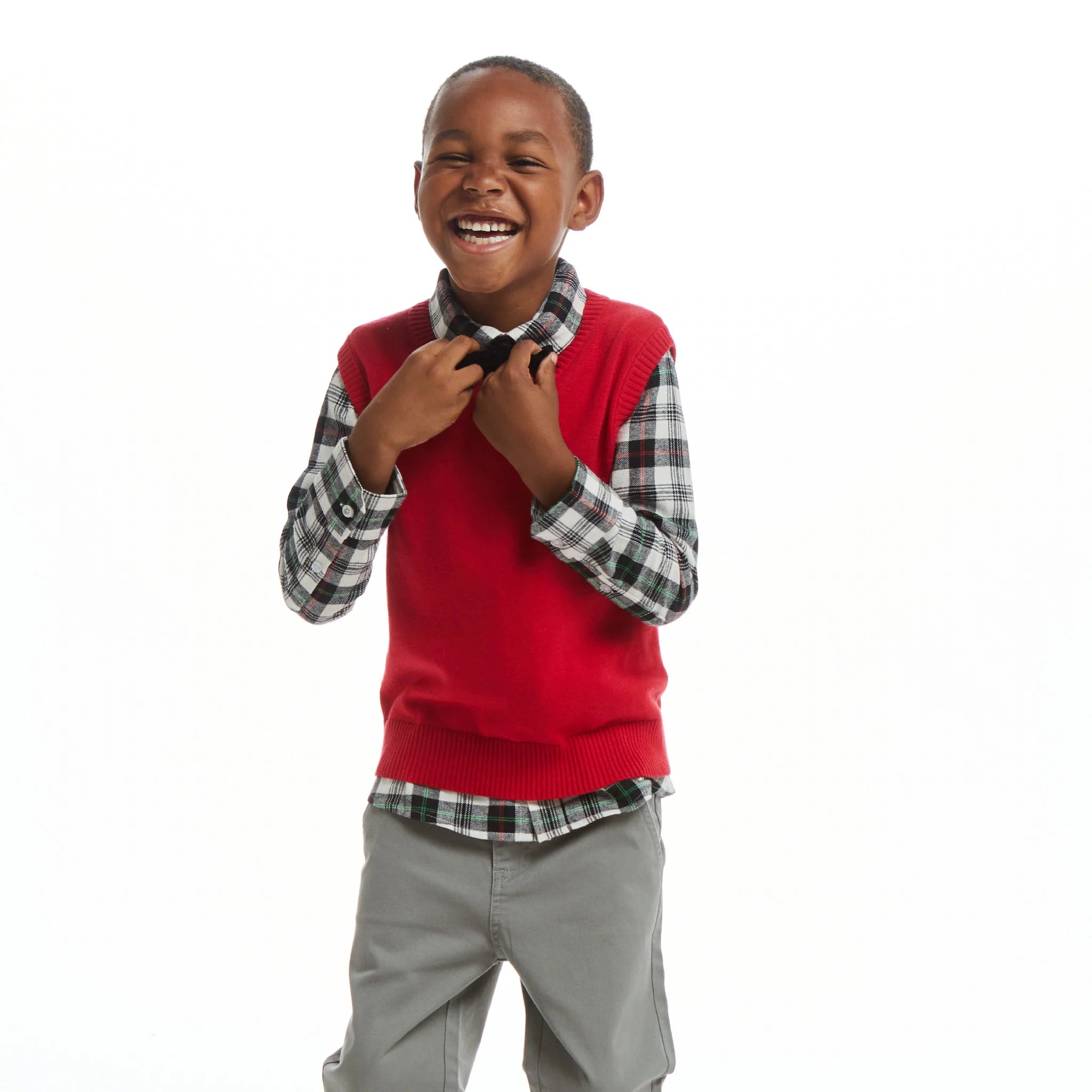 White Plaid Red Sweater Vest Bowtie Set
