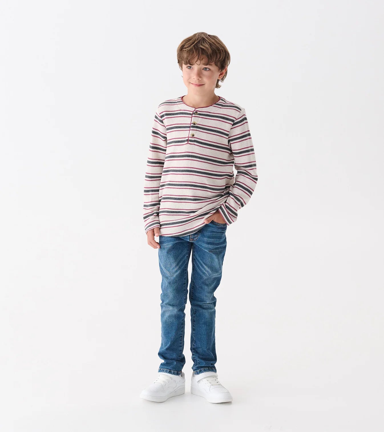 Oatmeal Melange Stripes Waffle Henley Shirt
