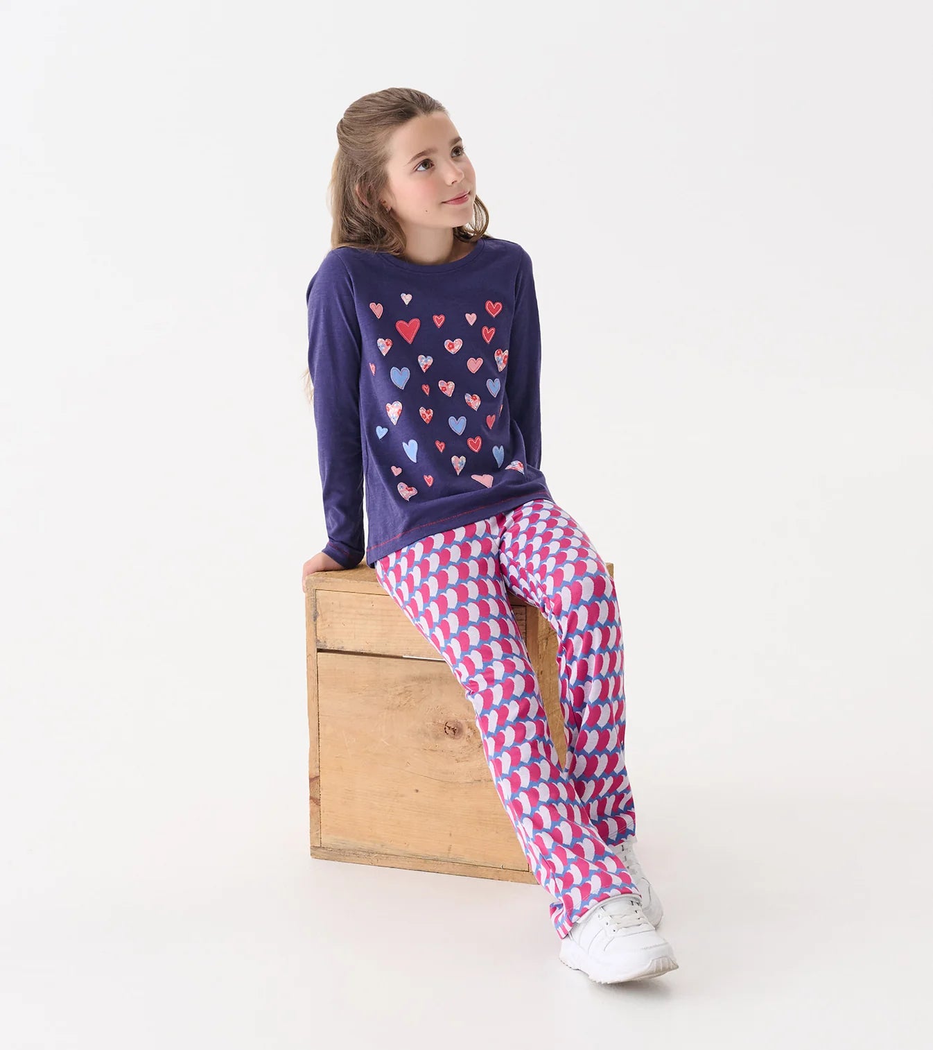 Navy Falling Hearts Applique LS Tee