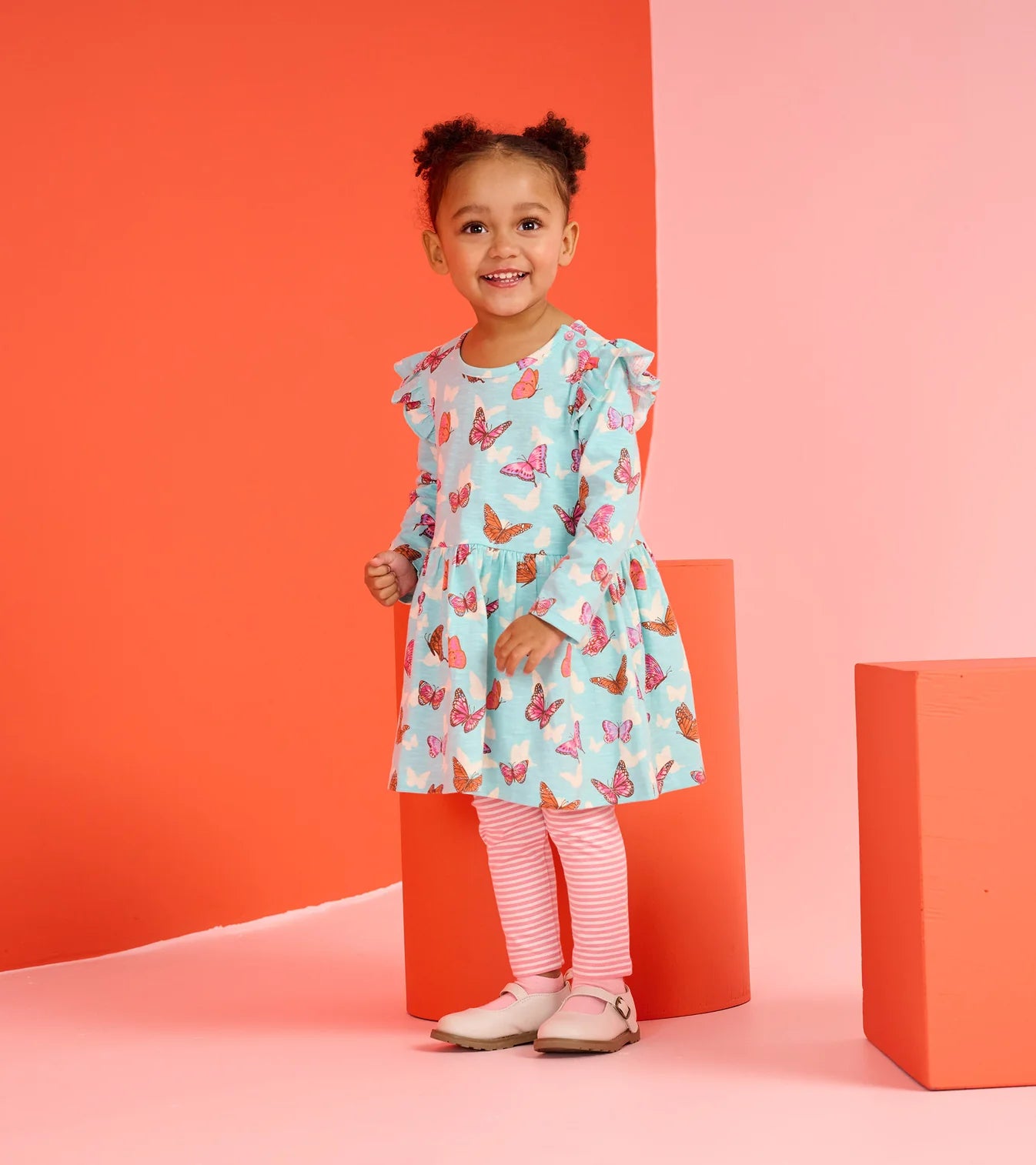 Butterfly Print Ruffle Dress & Pink Stripe Leggings