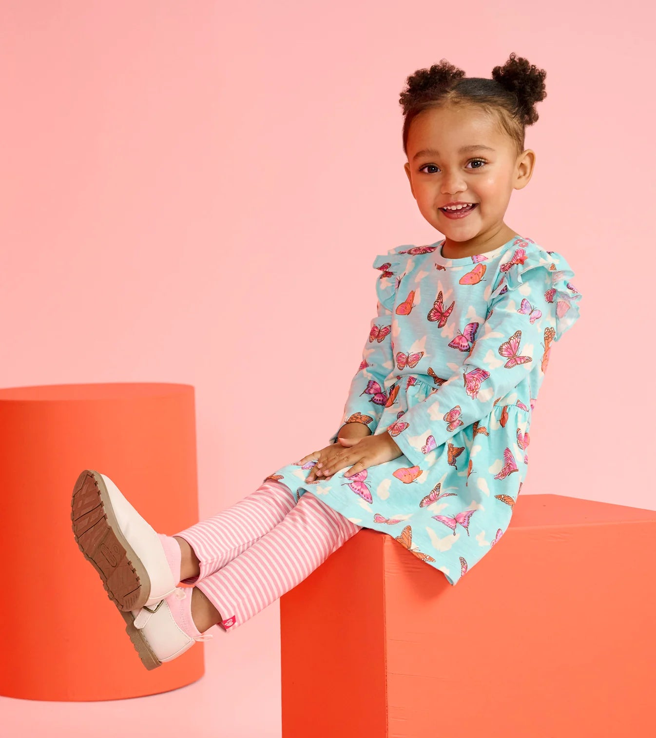 Butterfly Print Ruffle Dress & Pink Stripe Leggings