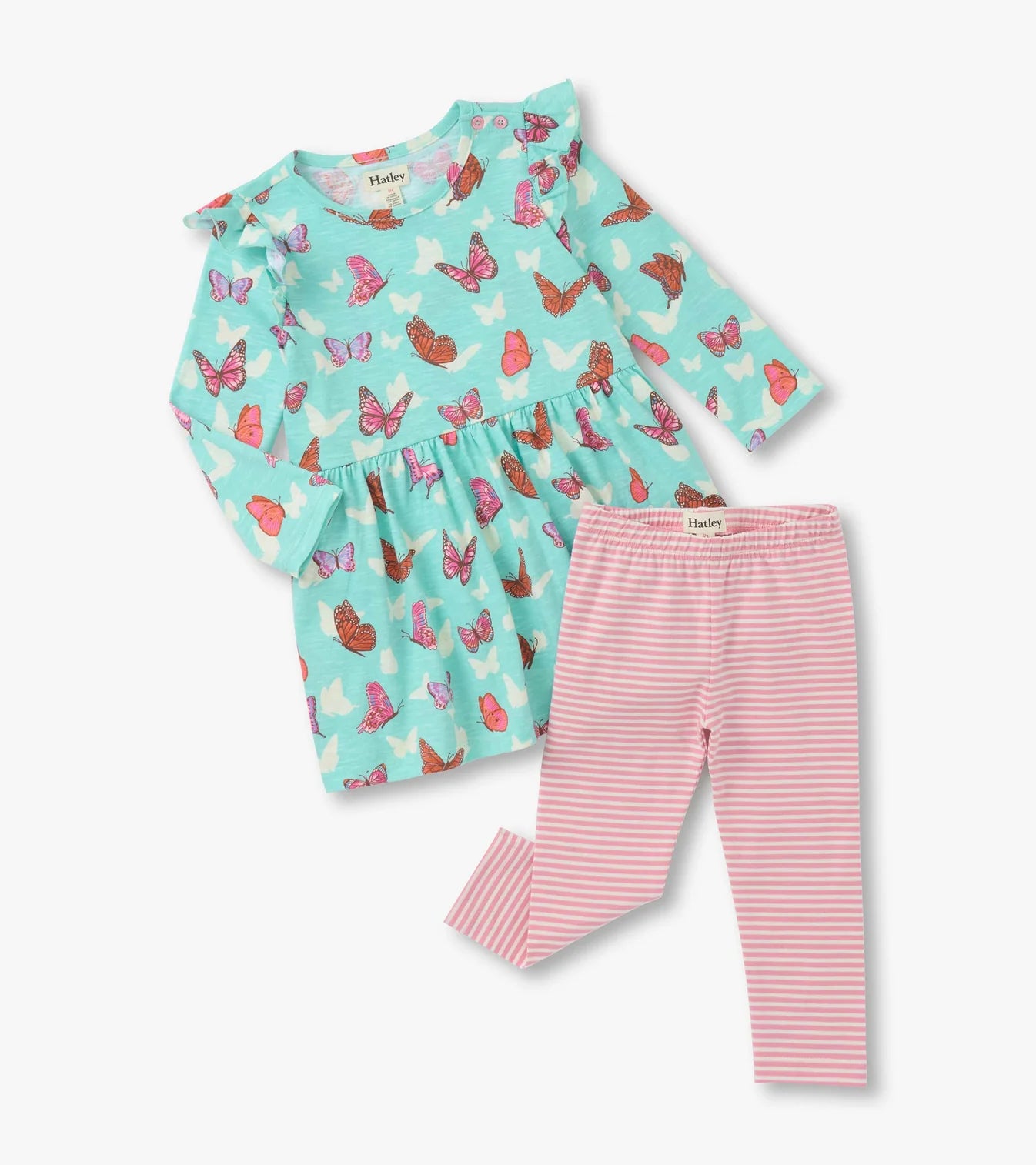 Butterfly Print Ruffle Dress & Pink Stripe Leggings