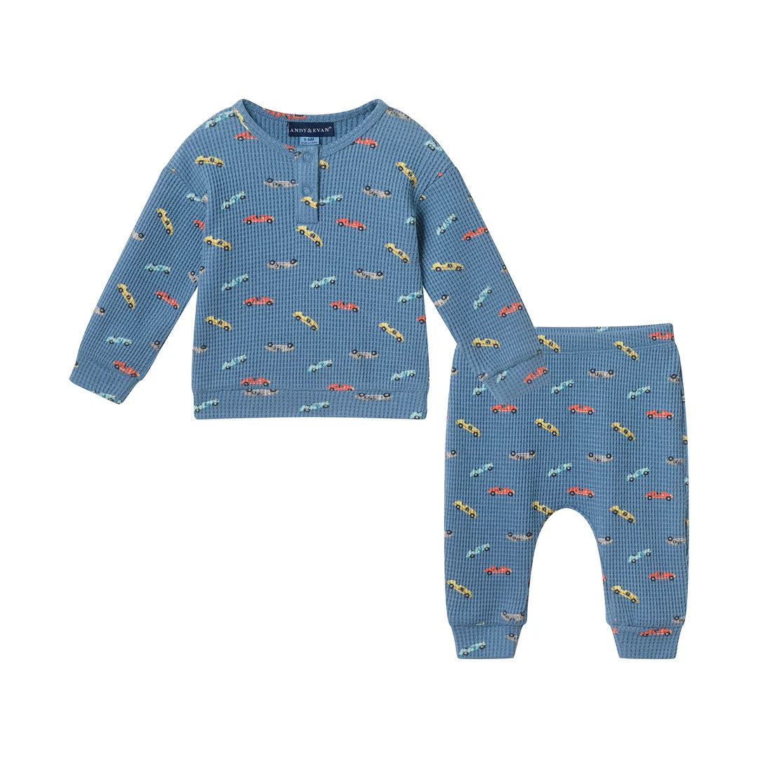 Printed Navy Waffle Henley Set