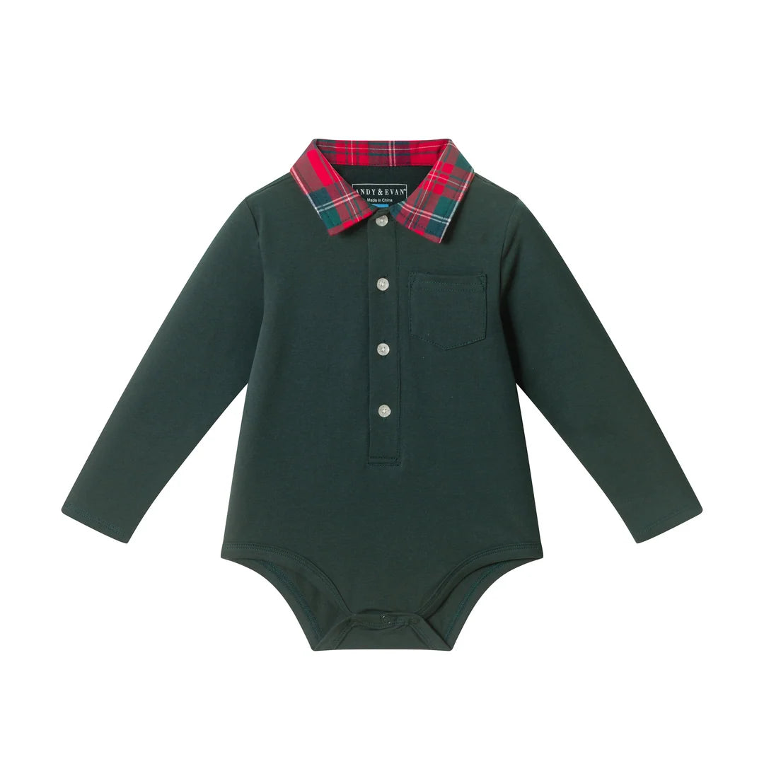 Dark Green Plaid Collar Polo Bodysuit