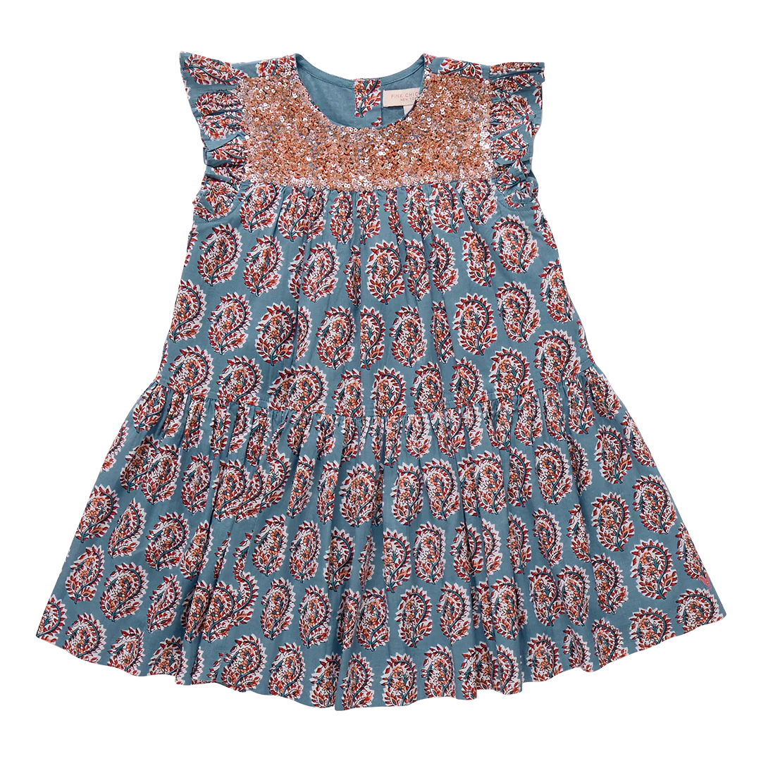 Fiona Ruffle Dress Blue Paisley