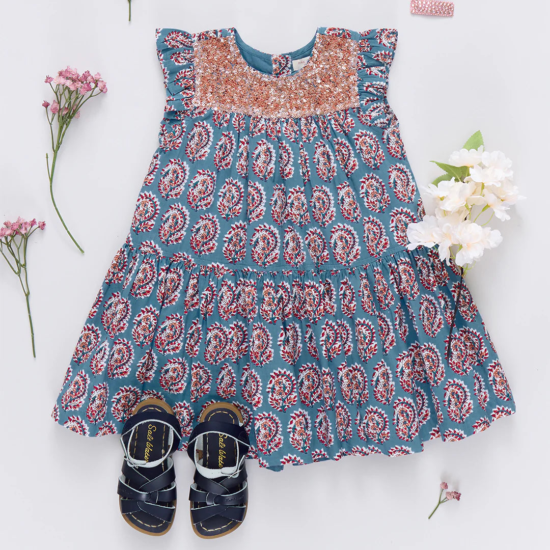 Fiona Ruffle Dress Blue Paisley