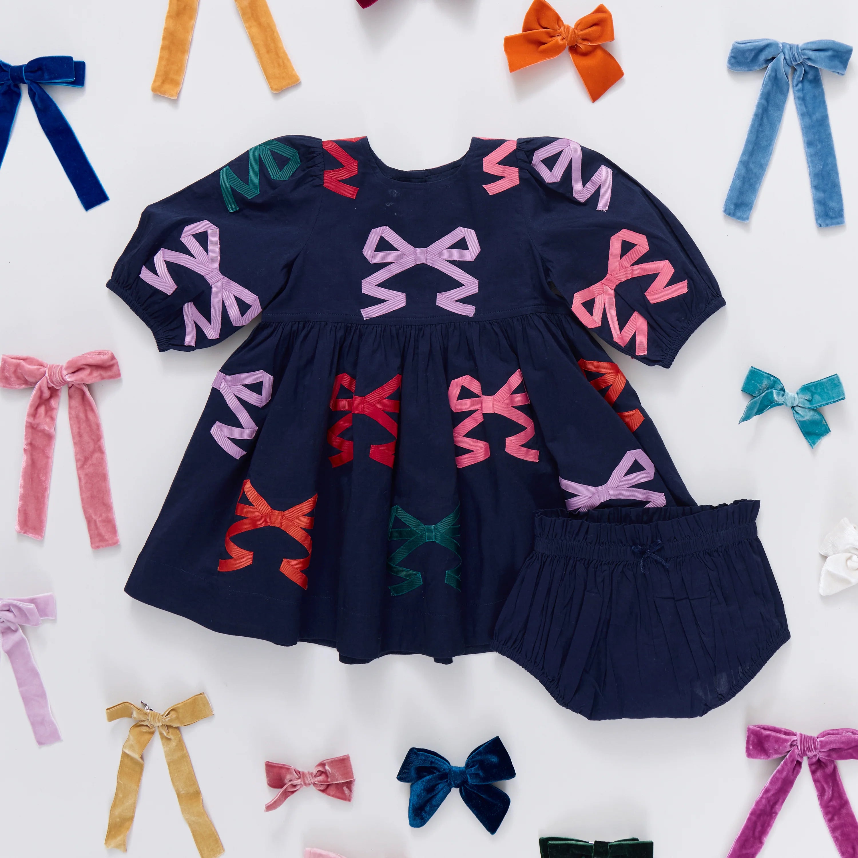 Navy Brooke Dress Set Multi Bow Applique
