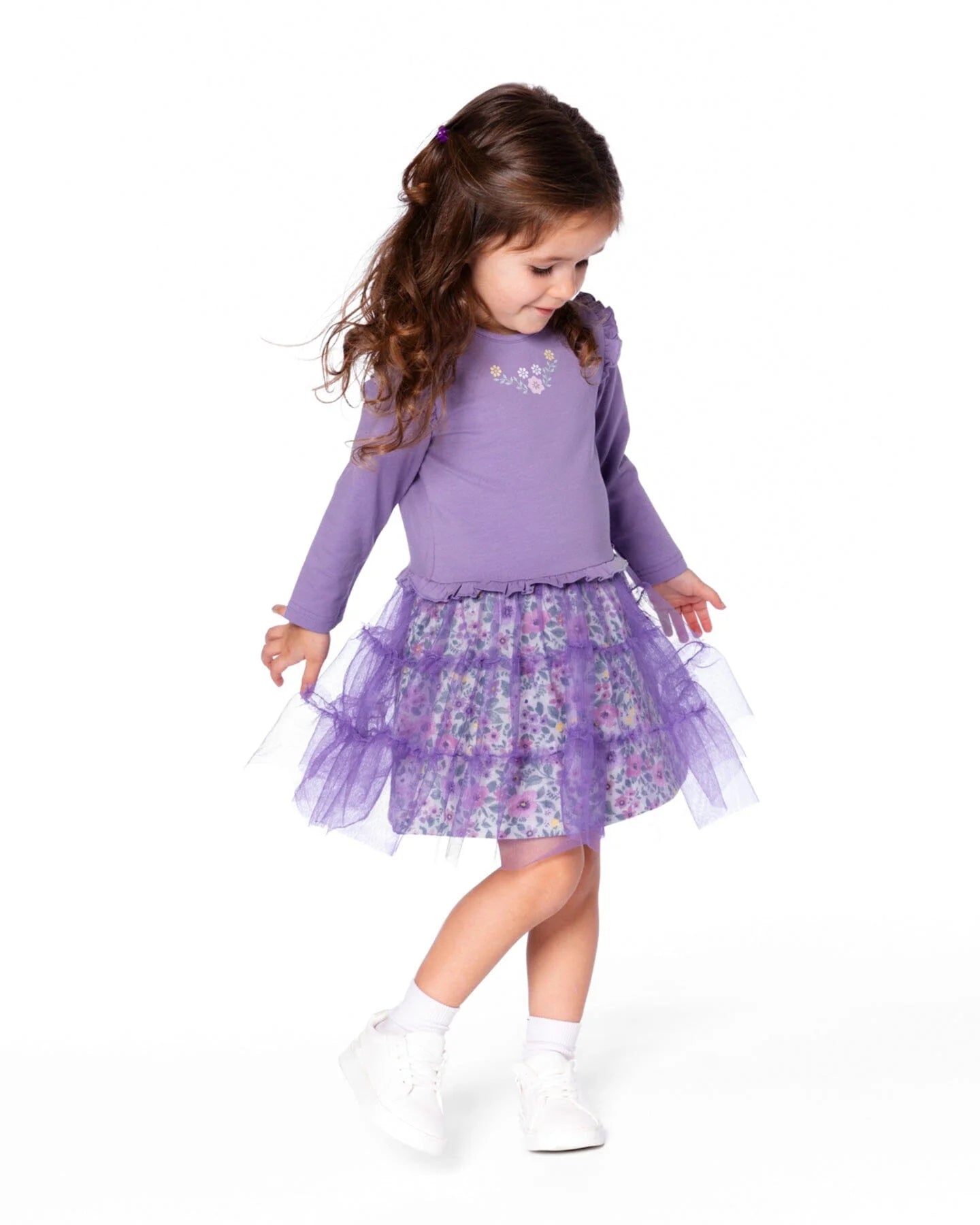 Dusk Lilac LS Floral Tulle Skirt Dress