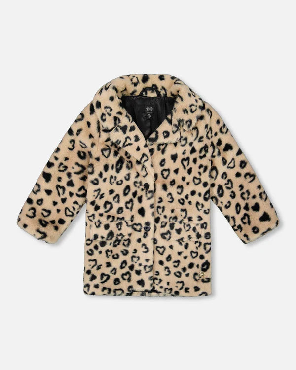 Caramel Animal Print Faux Fur Long Coat