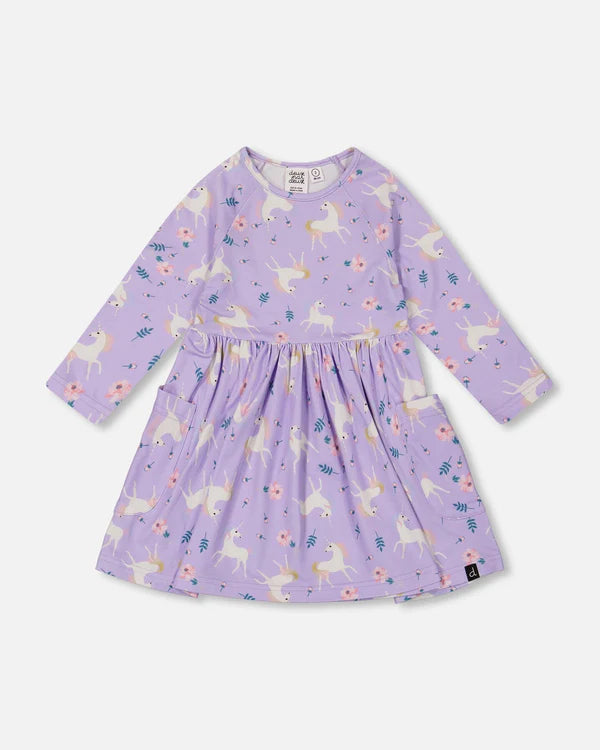 Lilac Unicorn Flowers Print Pocket Dress