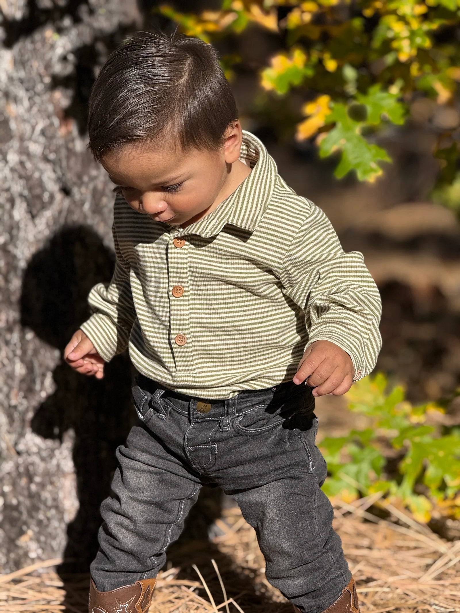 Sage and Cream Ribbed Stripe Polo Onesie