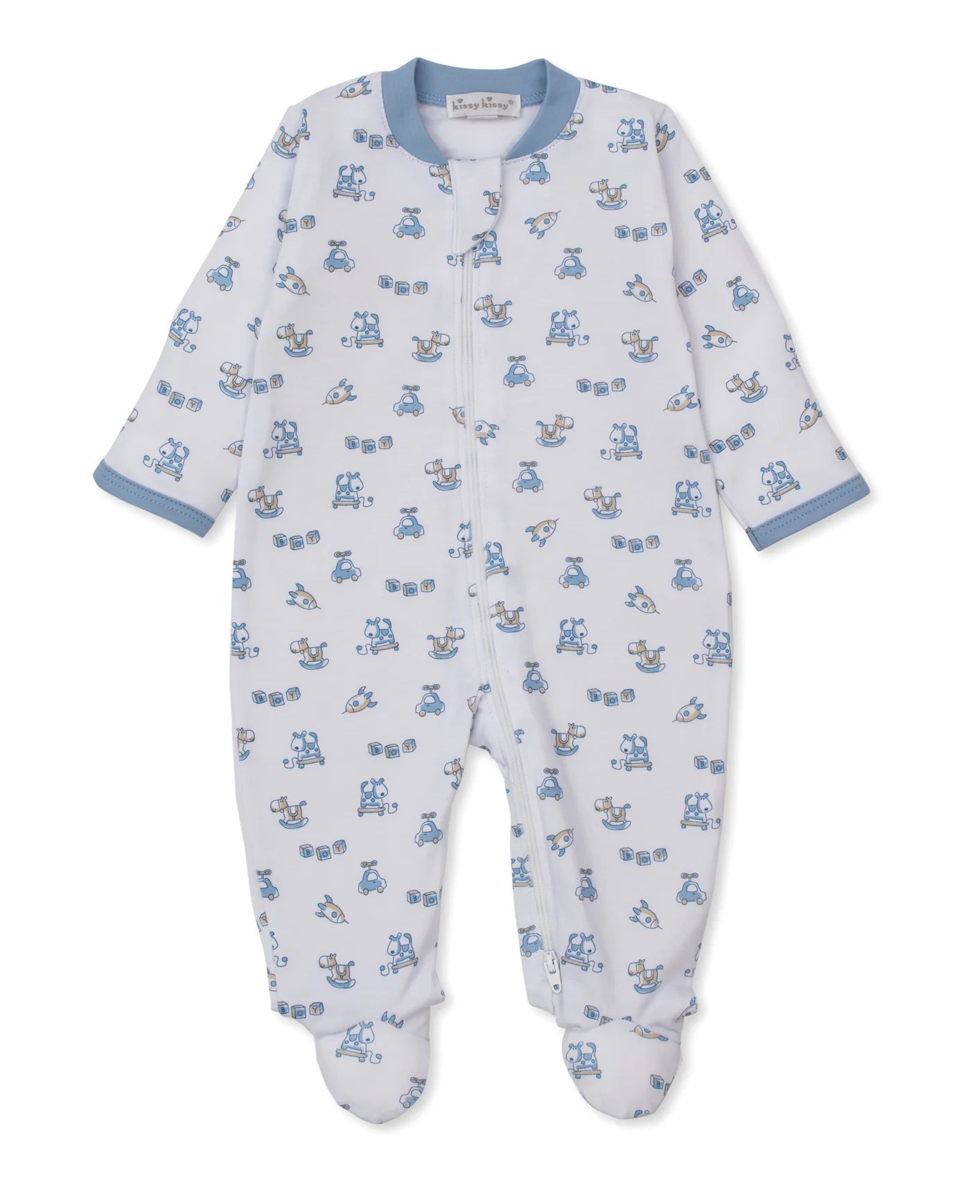 Blue Vintage Toy Fun Print Zip Footie