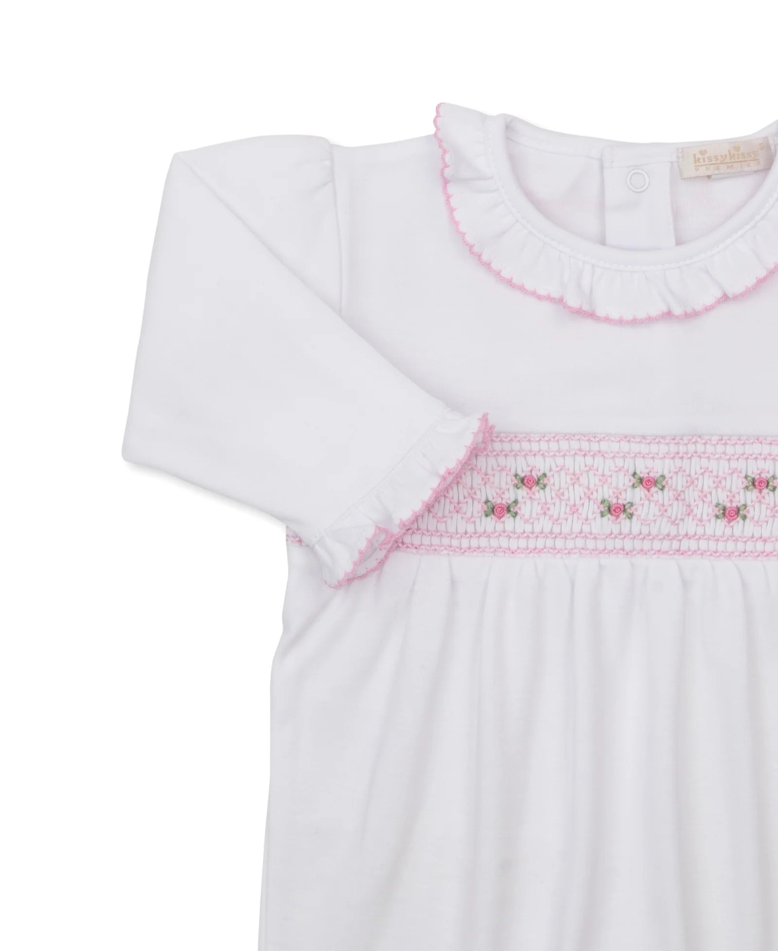 Kissy White and Pink Fall Footie w/ Hand Smocking