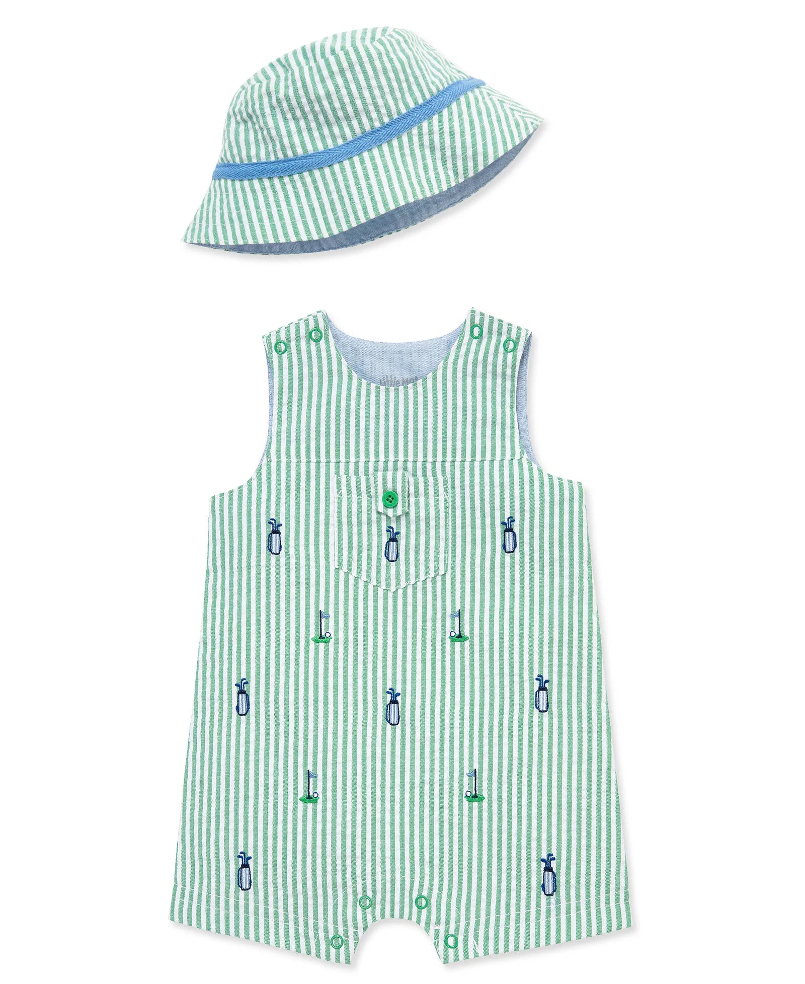 Green Striped Emb Golf Sunsuit & Bucket Hat