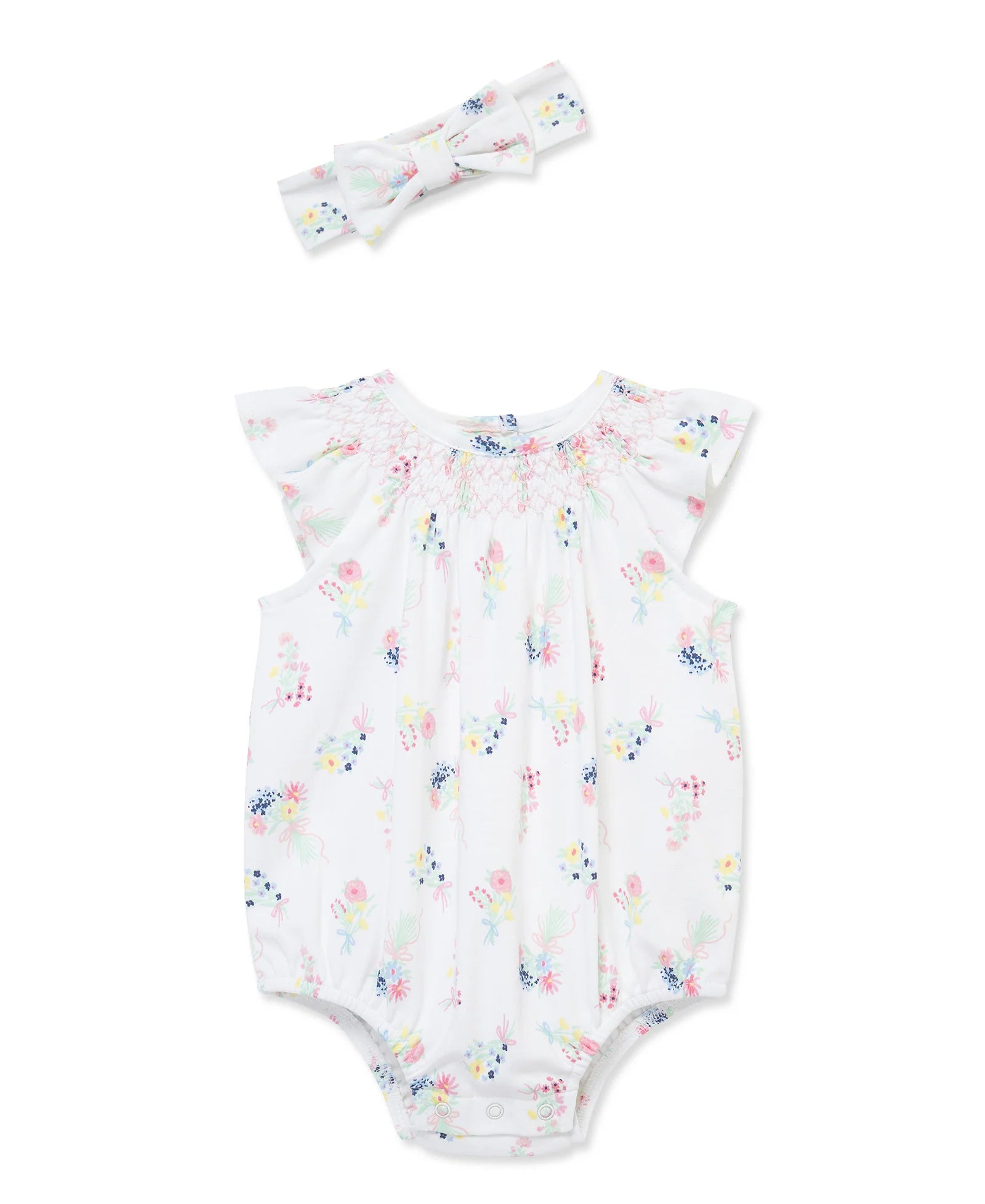 White Floral Bouquet Print Smocked Bubble & Headband