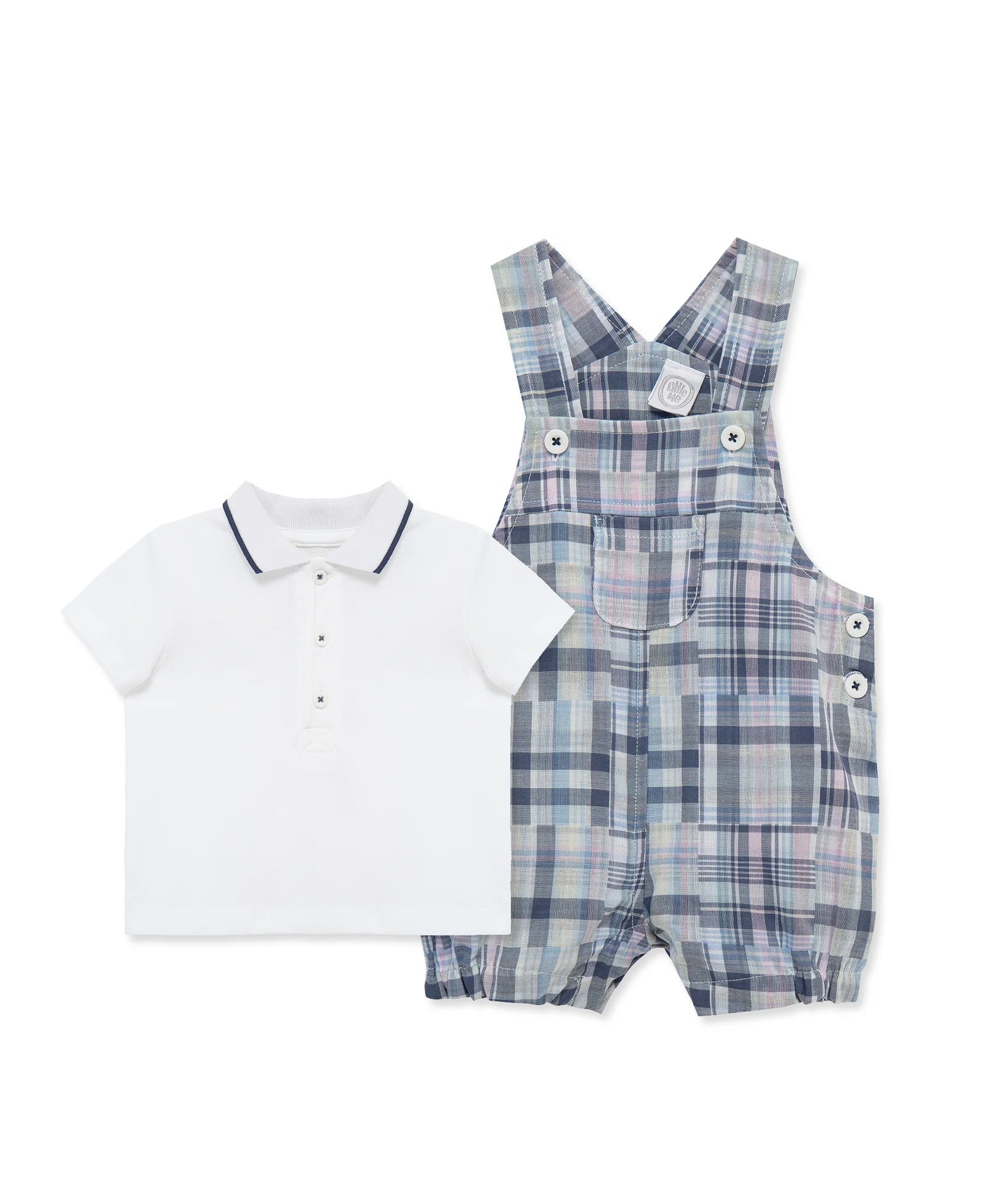 Blue Madras Check Shortall & White Polo Shirt