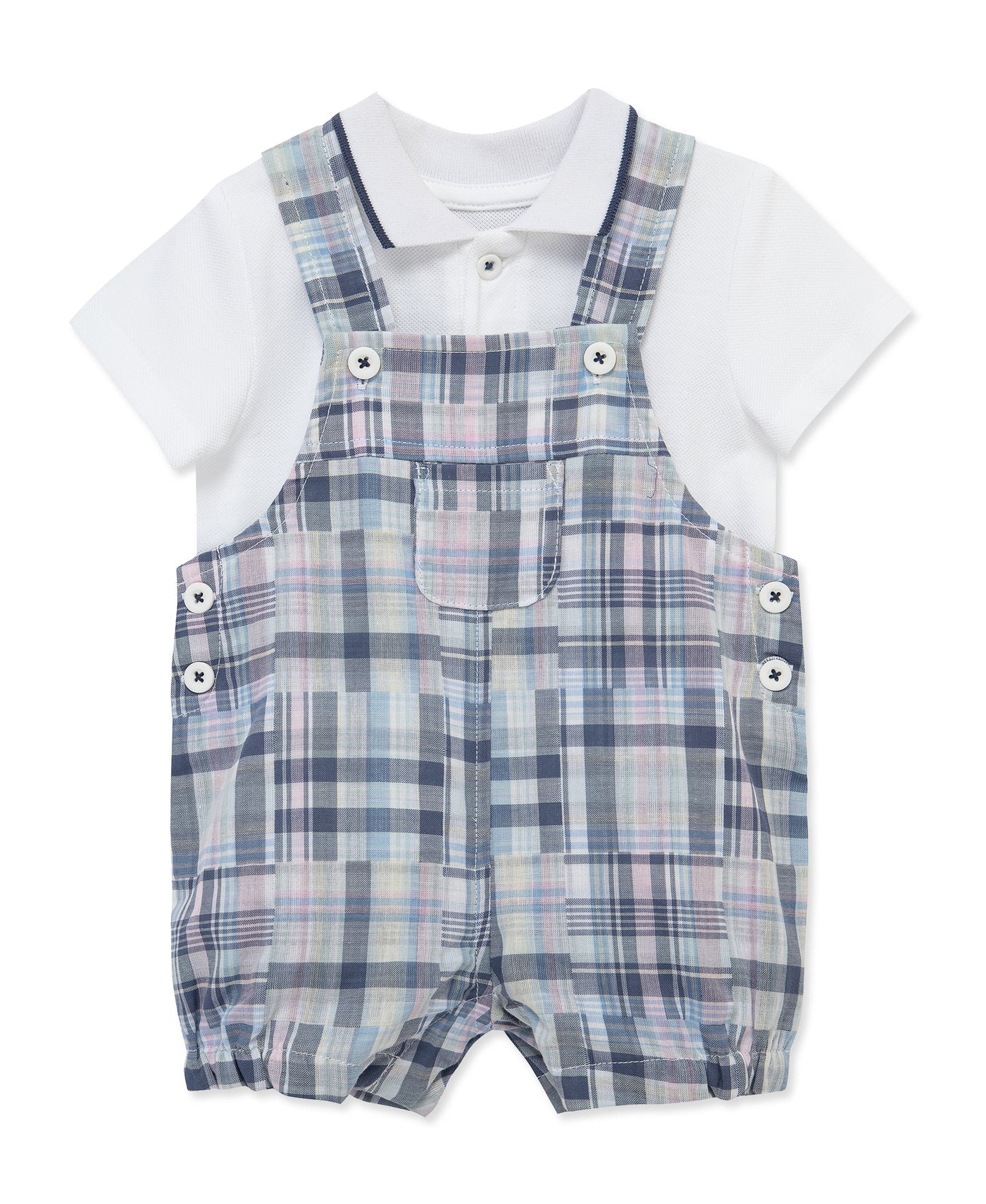 Blue Madras Check Shortall & White Polo Shirt