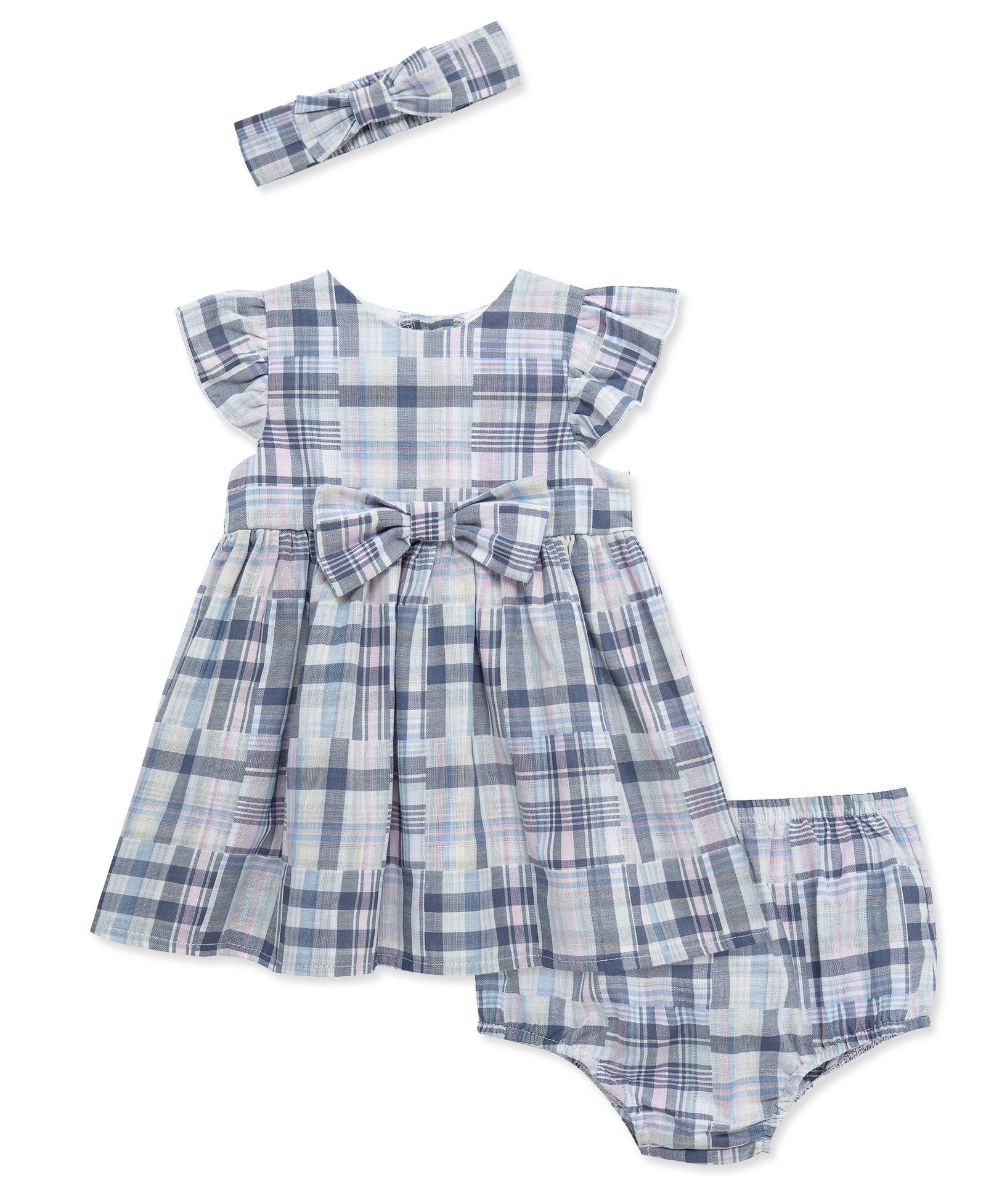 Blue Madras Check Newport Dress Bloomer & Headband Set