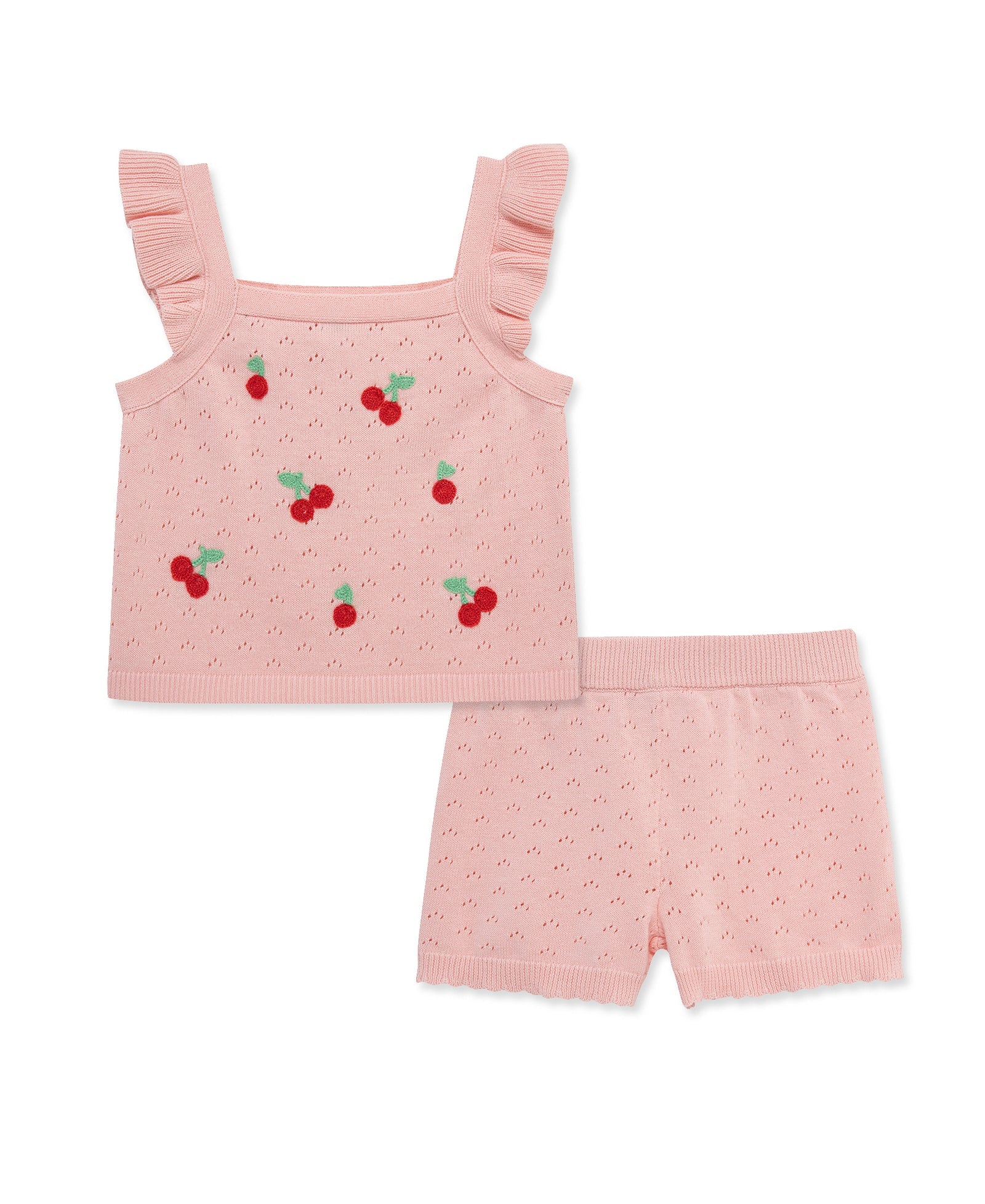 Peach Pointelle Knit Cherry Emb Short Set
