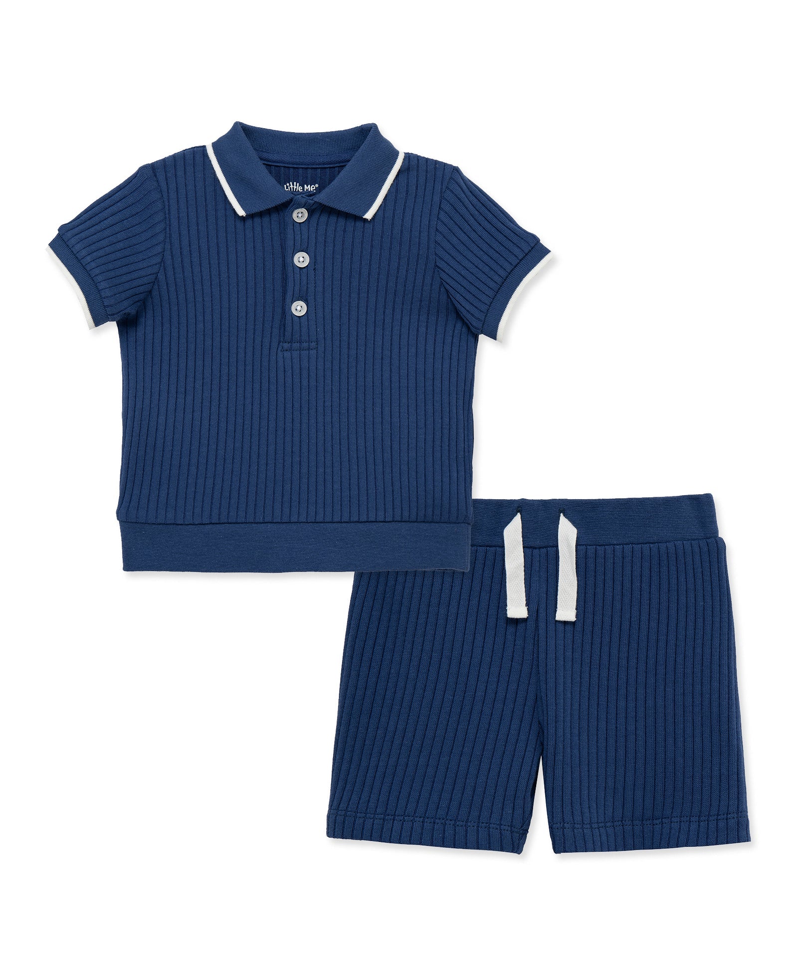 Navy Ribbed Knit Polo Tee & Short Set