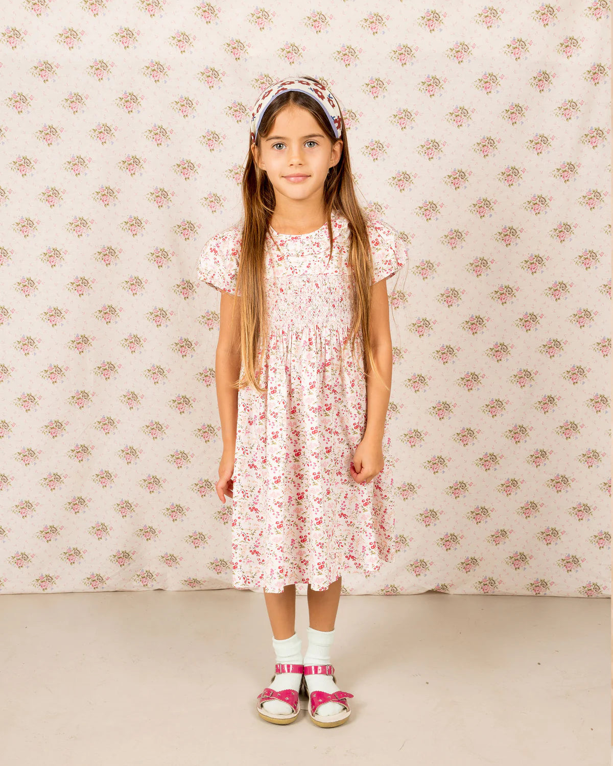 Mallery Smocked Dress (SS Pink Red Floral w Collar)